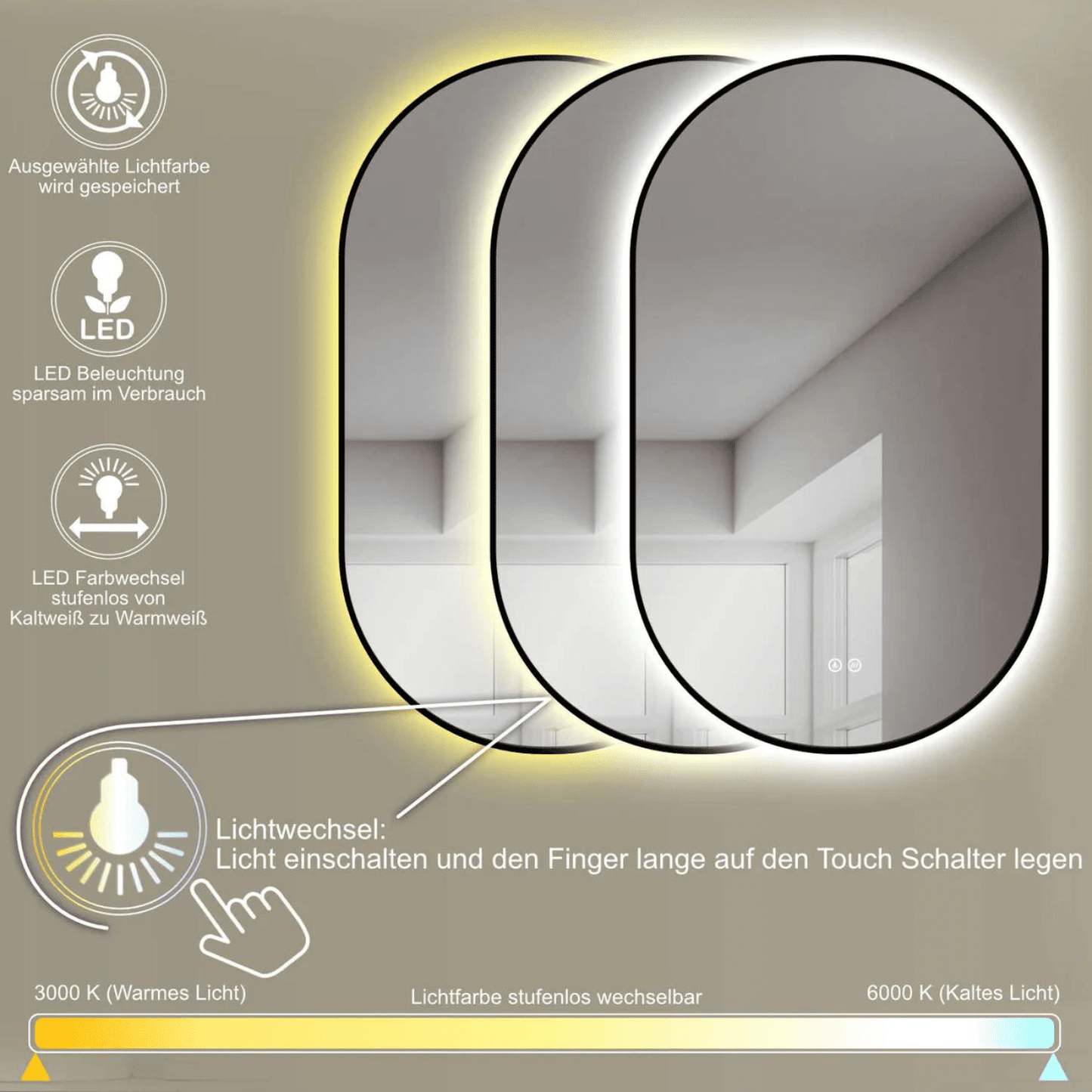 Badkamerspiegel Ovaal Zwart 60 x 100 cm – Anti-Condens & Led Horizontaal/Verticaal