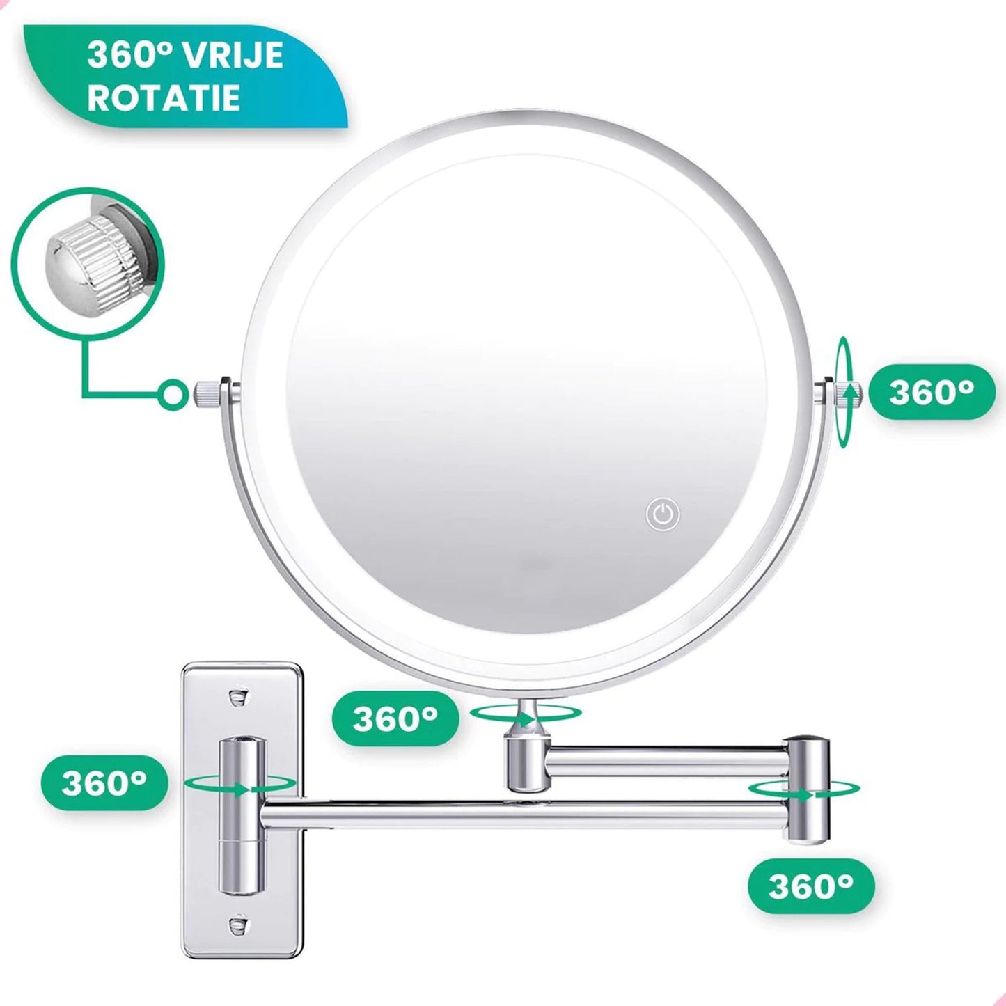 Make-Up Spiegel Wand Led Verlichting - 5x Vergroot - Chroom - Batterijen