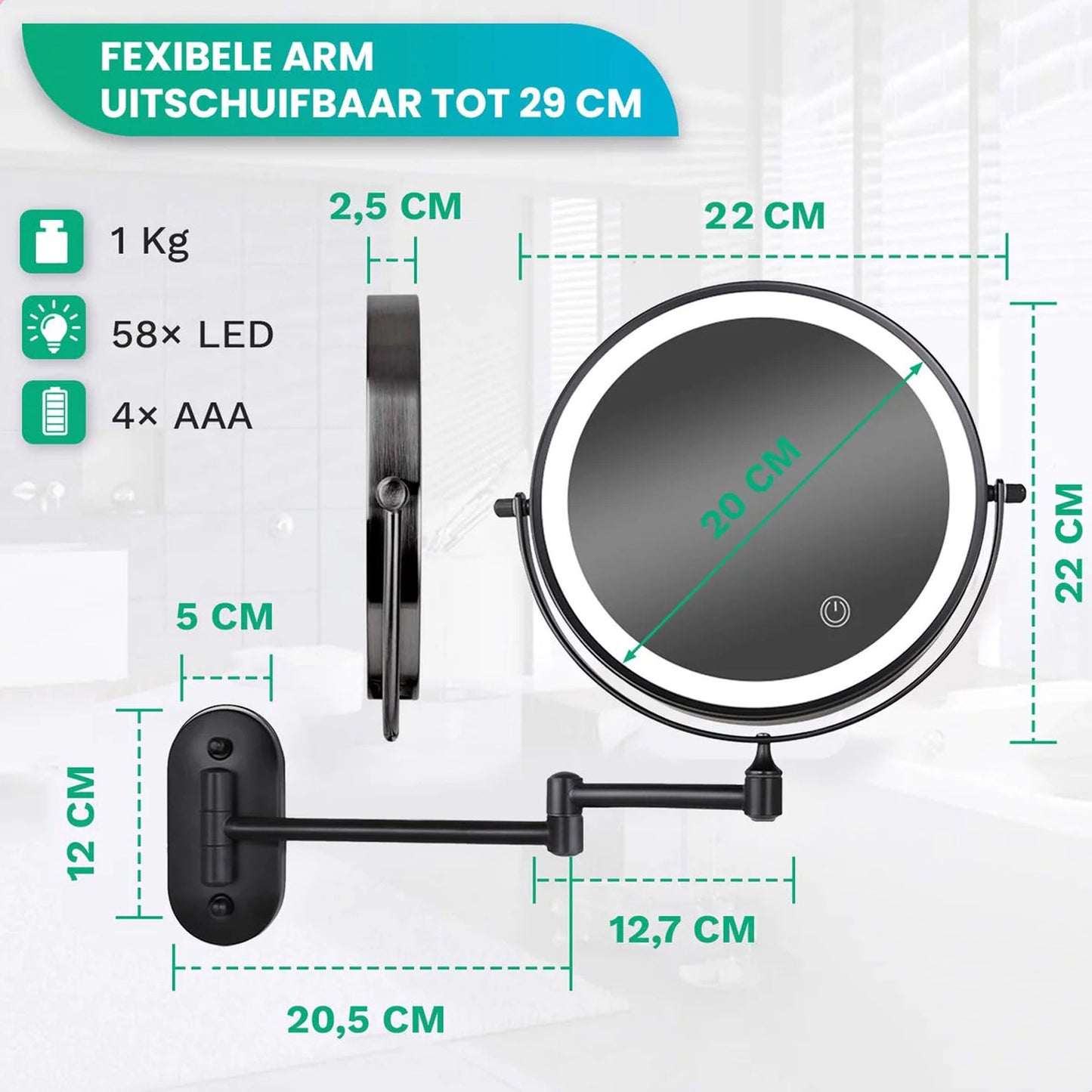 Make-Up Spiegel Wand Led Verlichting - 5x Vergroot - Zwart - Oplaadbaar