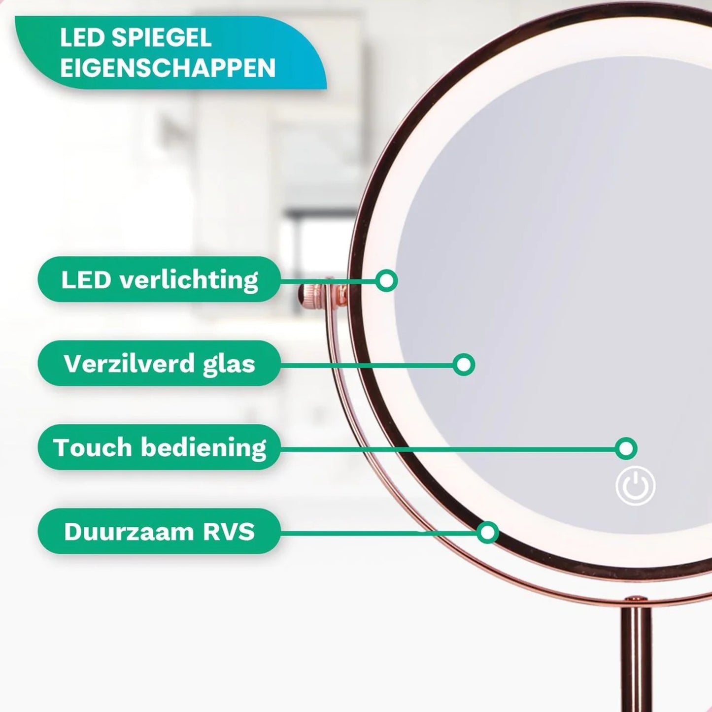 Make-Up Spiegel Staand Led Verlichting - 10x Vergroot - Rosé Goud - Oplaadbaar