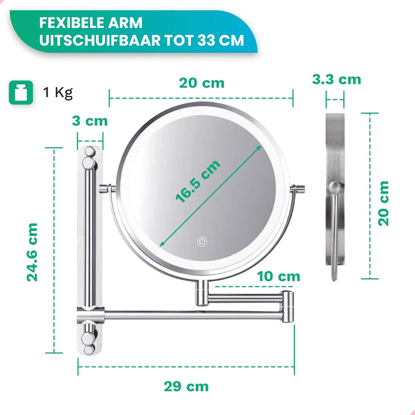 Make-Up Spiegel Wand Led Verlichting - 7x Vergroot - Chroom - Oplaadbaar