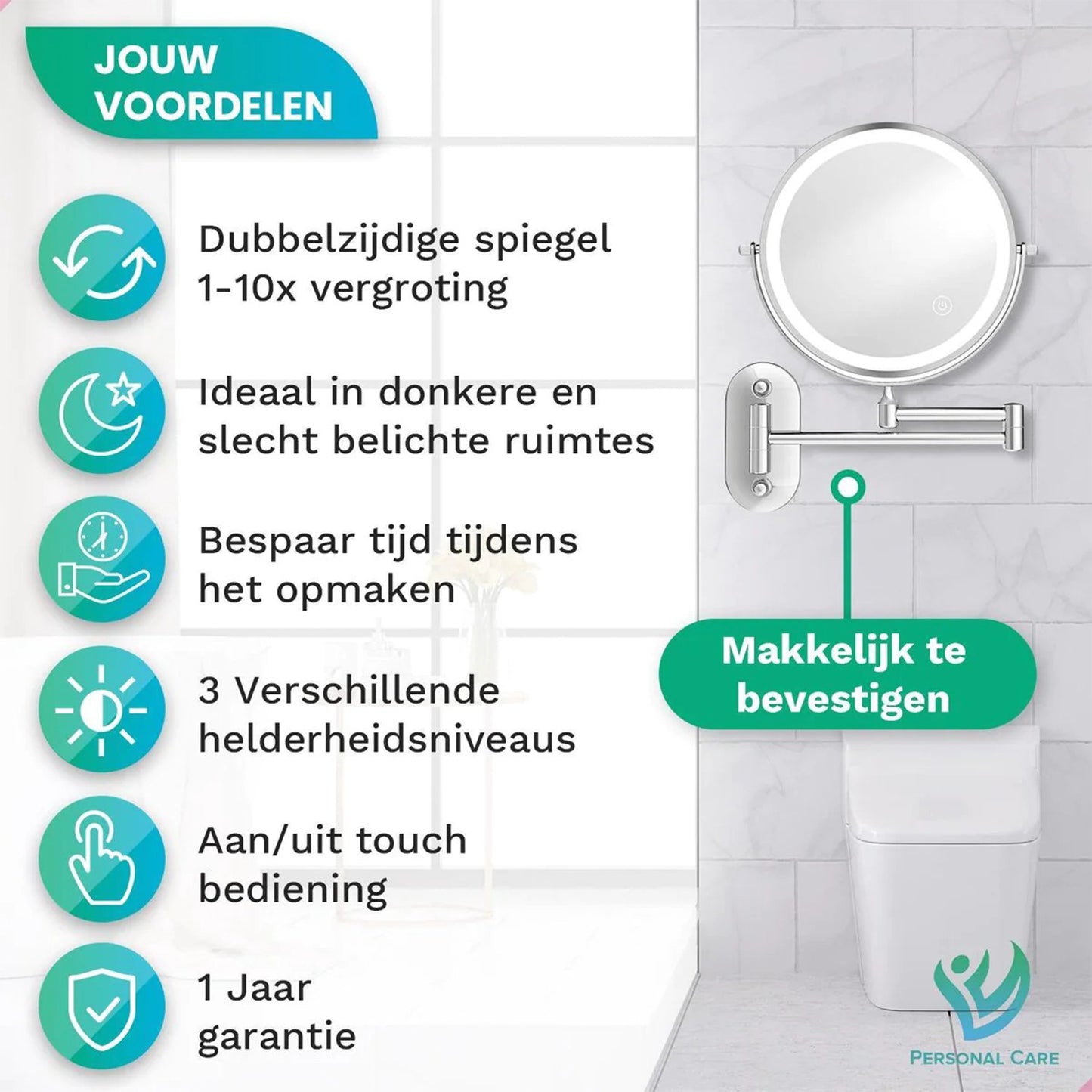 Make-Up Spiegel Wand Led Verlichting - 10x Vergroot - Chroom - Oplaadbaar