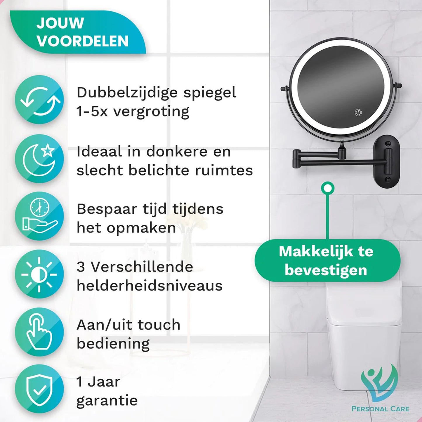 Make-Up Spiegel Wand Led Verlichting - 5x Vergroot - Zwart - Batterijen