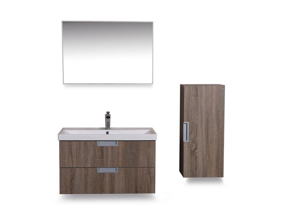 badmeubel 80 +keramische wastafel + spiegel + zijkast eiken