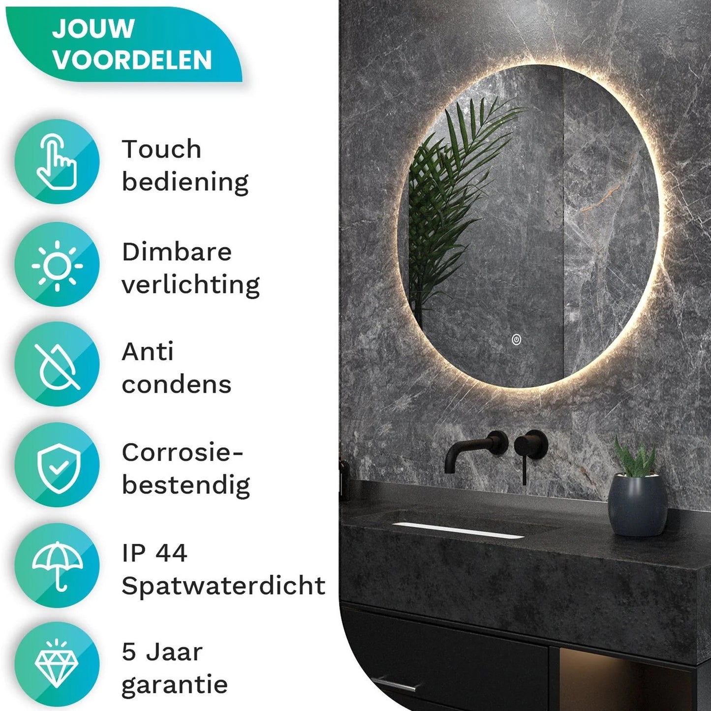 Badkamerspiegel Rond Frameloos 80 cm - Anti-Condens & Dimbaar Led