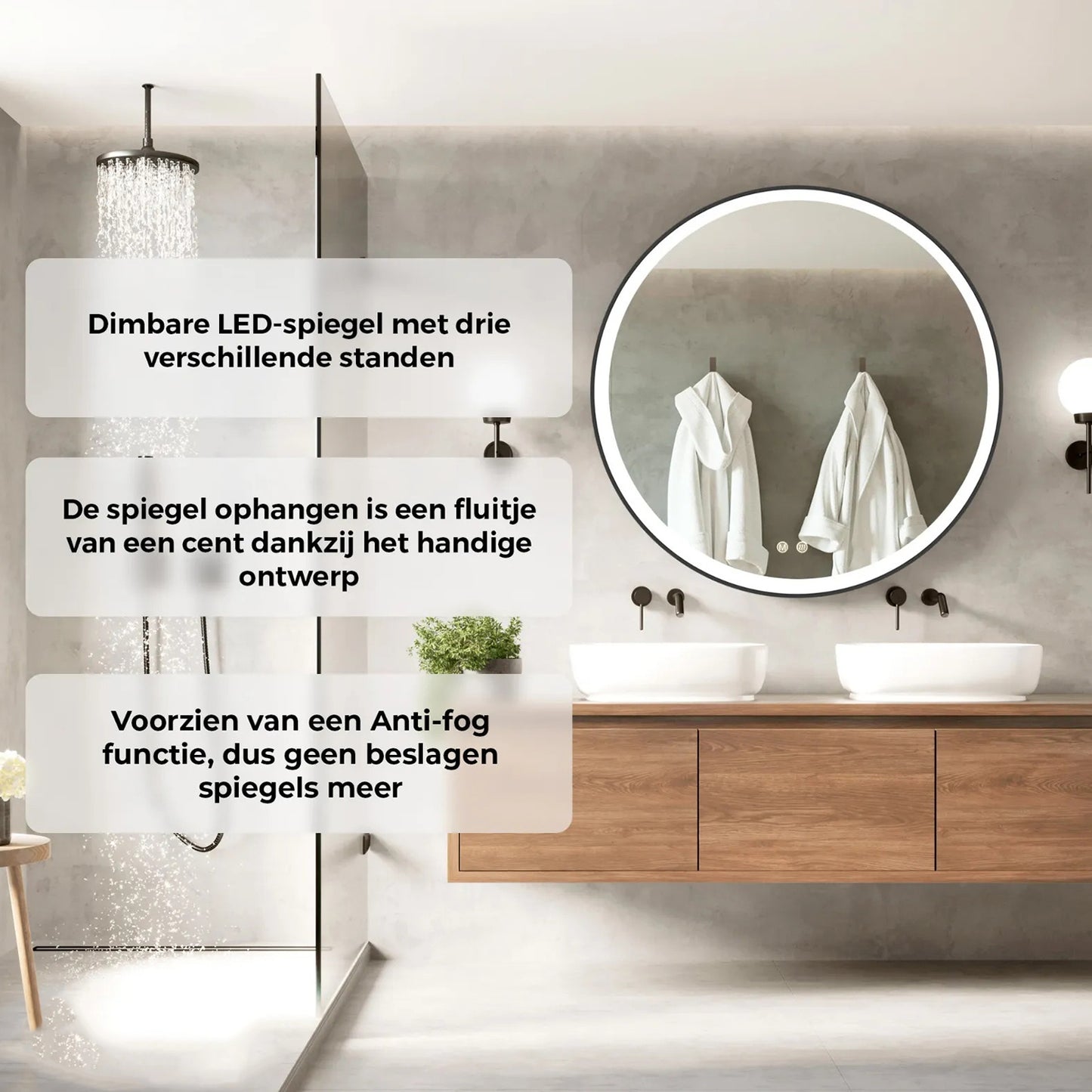 Badkamerspiegel Rond Mat Zwart 60 cm - Anti-Condens & Inbouw Led