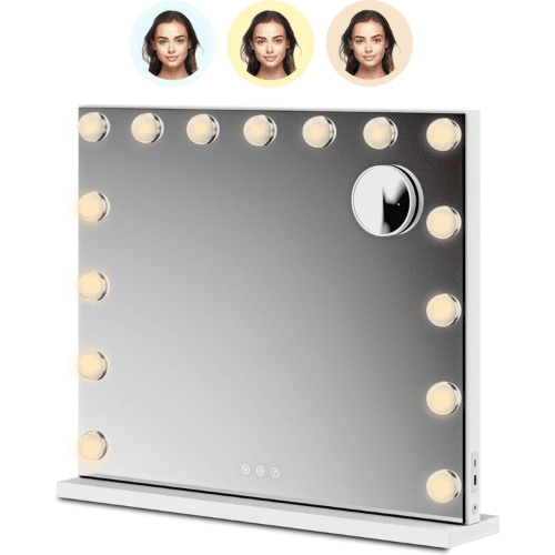 Bayt Hollywood Spiegel met verlichting - Make Up Spiegel - Dimbaar - 3 lichtkleuren - 10x Vergroting - 55cm - Wit Bayt Hollywood Spiegel met verlichting - Make Up Spiegel - Dimbaar - 3 lichtkleuren - 10x Vergroting - 55cm - Wit