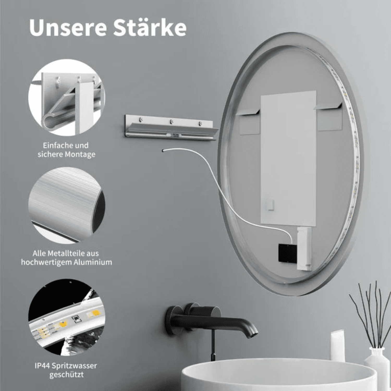 Badkamerspiegel Rond Mat Zwart 80 cm - Anti-Condens & Inbouw Led