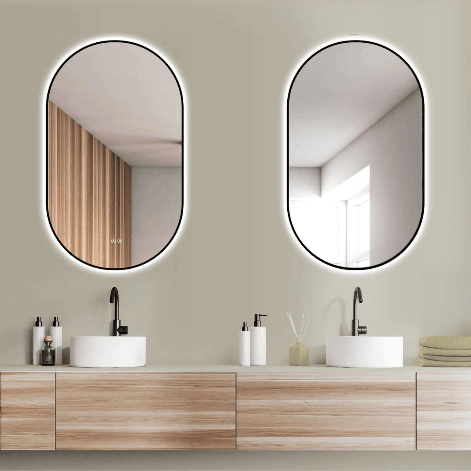 Badkamerspiegel Ovaal Zwart 50 x 90 cm – Anti-Condens & Led Horizontaal/Verticaal