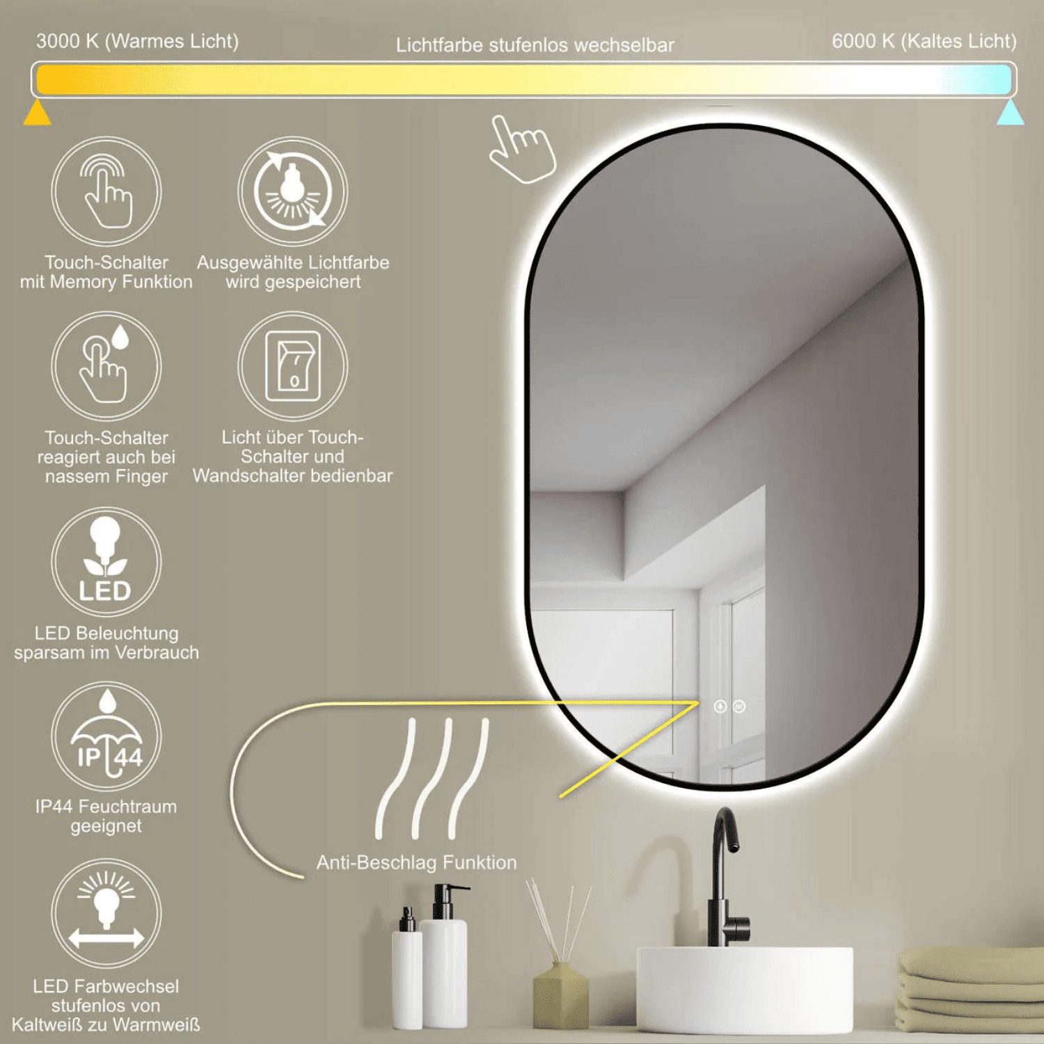 Badkamerspiegel Ovaal Zwart 50 x 90 cm – Anti-Condens & Led Horizontaal/Verticaal