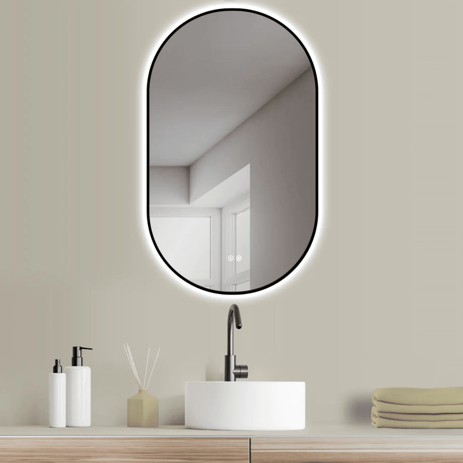Badkamerspiegel Ovaal Zwart 50 x 90 cm – Anti-Condens & Led Horizontaal/Verticaal
