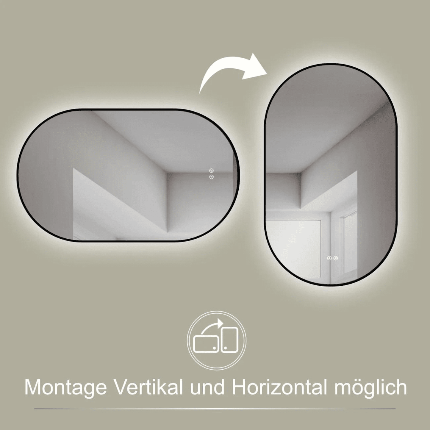 Badkamerspiegel Ovaal Zwart 50 x 90 cm – Anti-Condens & Led Horizontaal/Verticaal