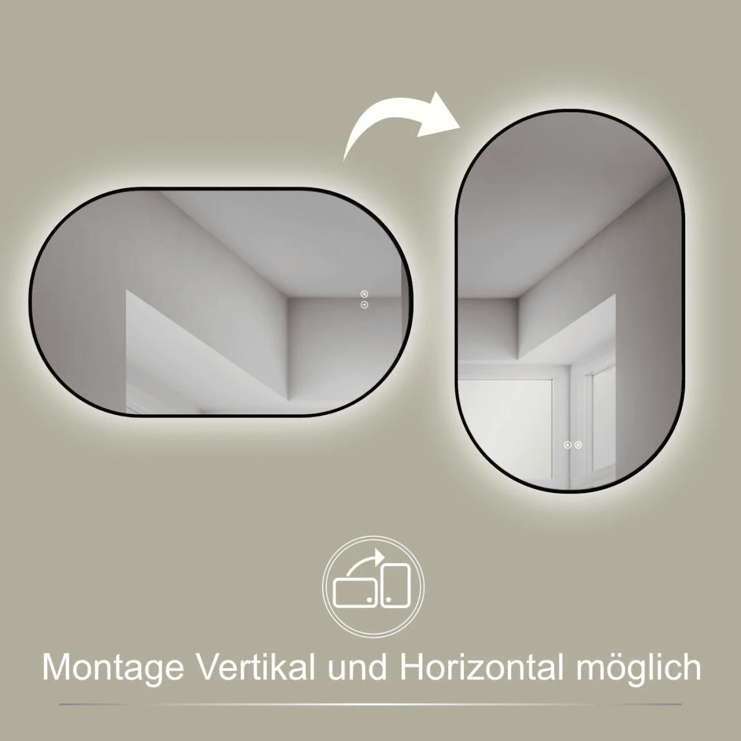 Badkamerspiegel Ovaal Zwart 50 x 90 cm – Anti-Condens & Led Horizontaal/Verticaal