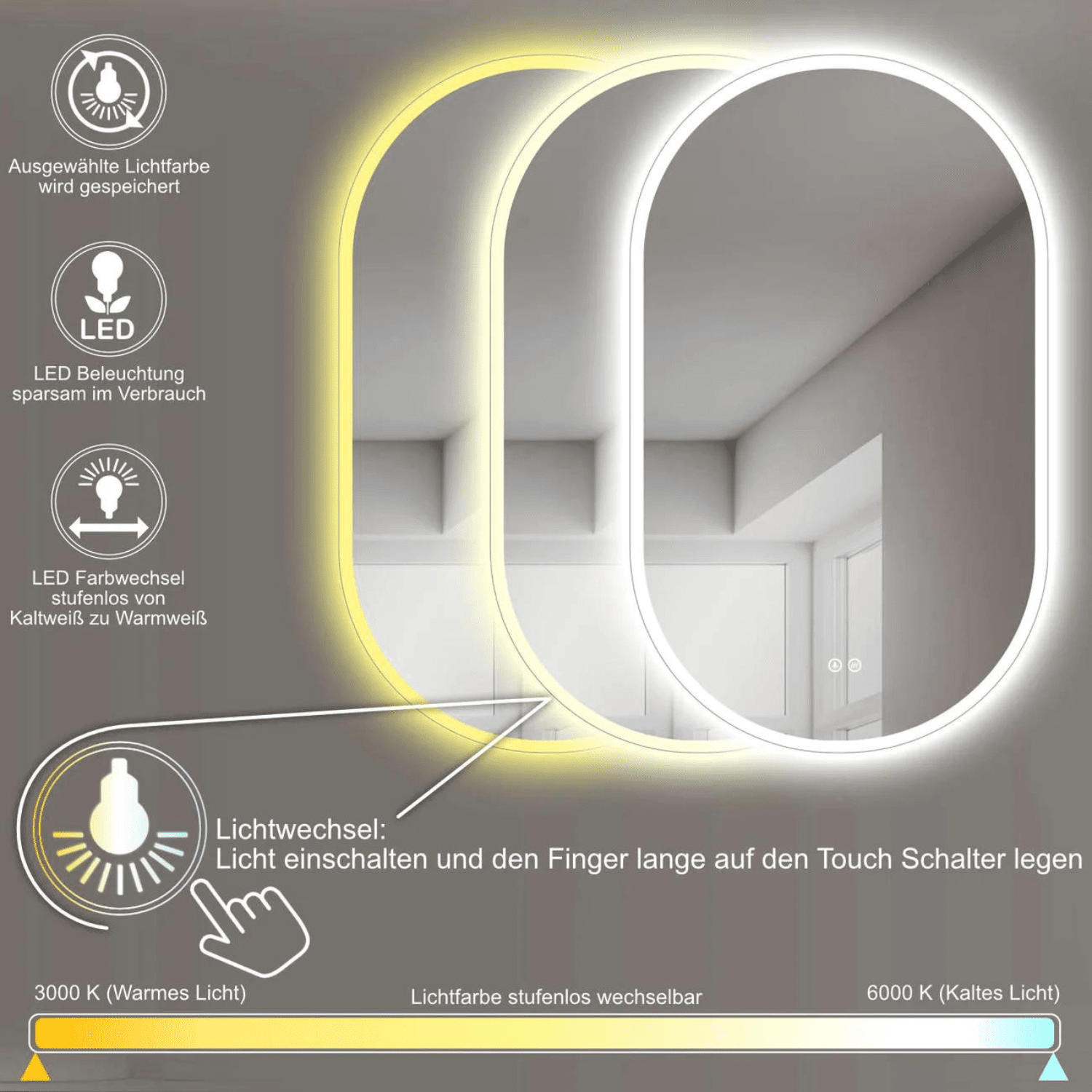 Badkamerspiegel Ovaal 60 x 100 cm – Anti-Condens & Inbouw Led Horizontaal/Verticaal