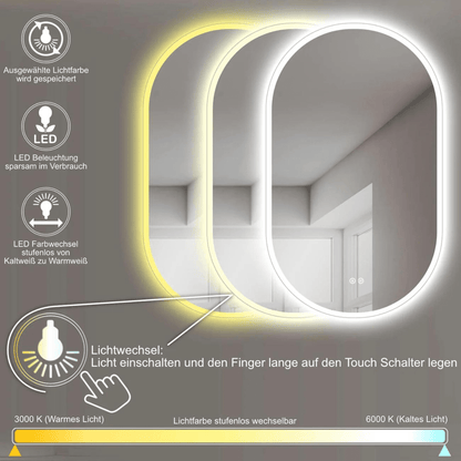 Badkamerspiegel Ovaal 60 x 100 cm – Anti-Condens & Inbouw Led Horizontaal/Verticaal