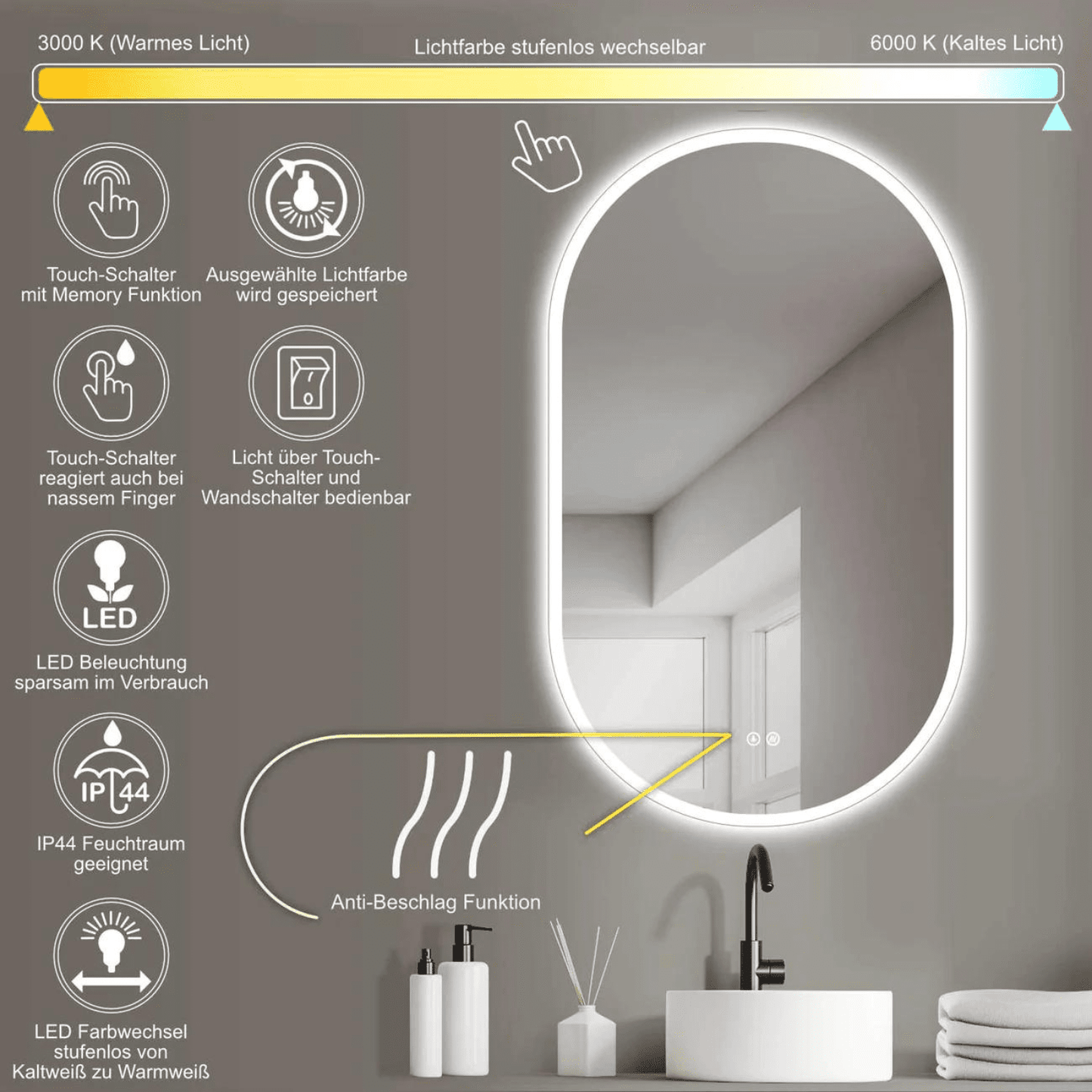 Badkamerspiegel Ovaal 60 x 100 cm – Anti-Condens & Inbouw Led Horizontaal/Verticaal