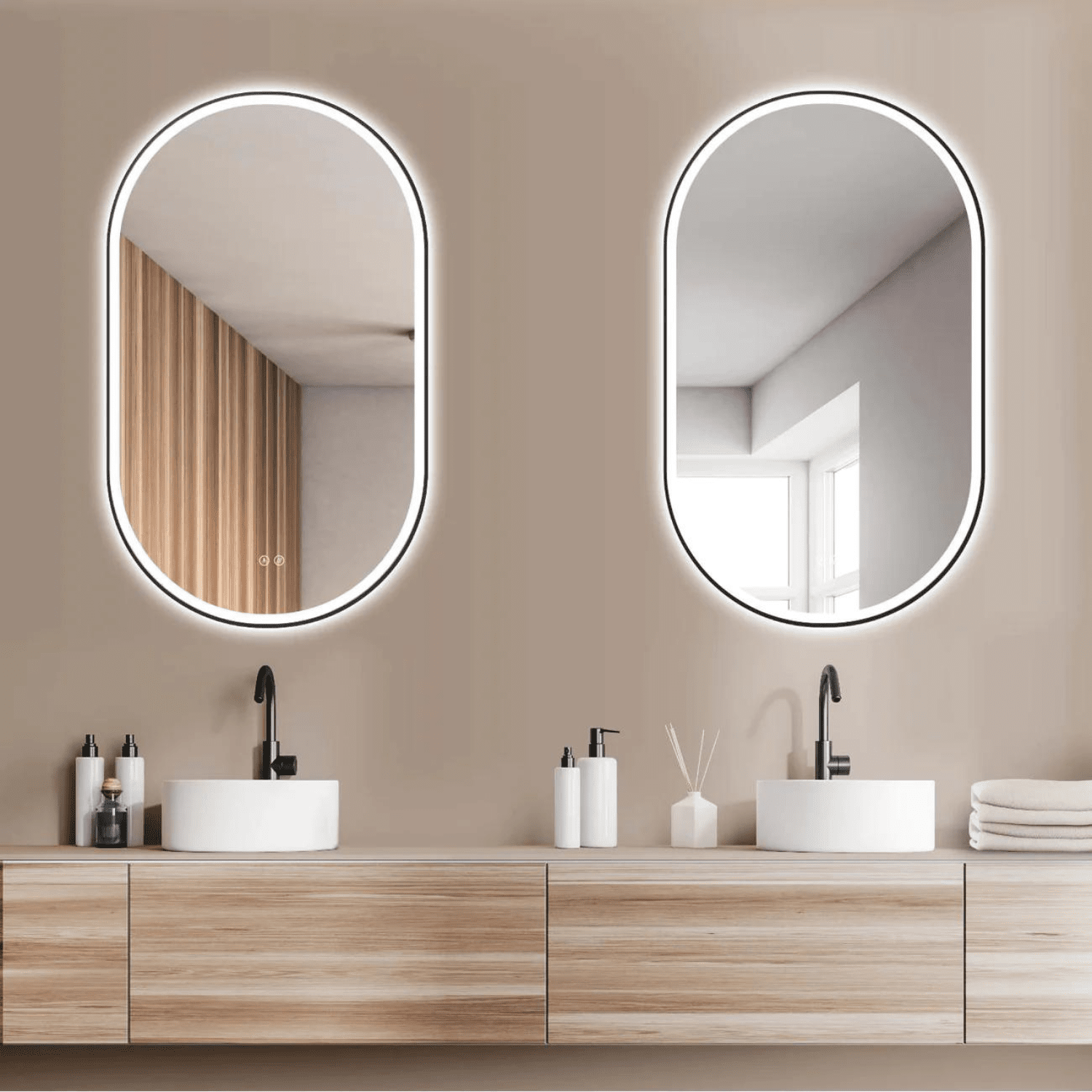 Badkamerspiegel Ovaal Zwart 50 x 90 cm – Anti-Condens & Inbouw Led Horizontaal/Verticaal