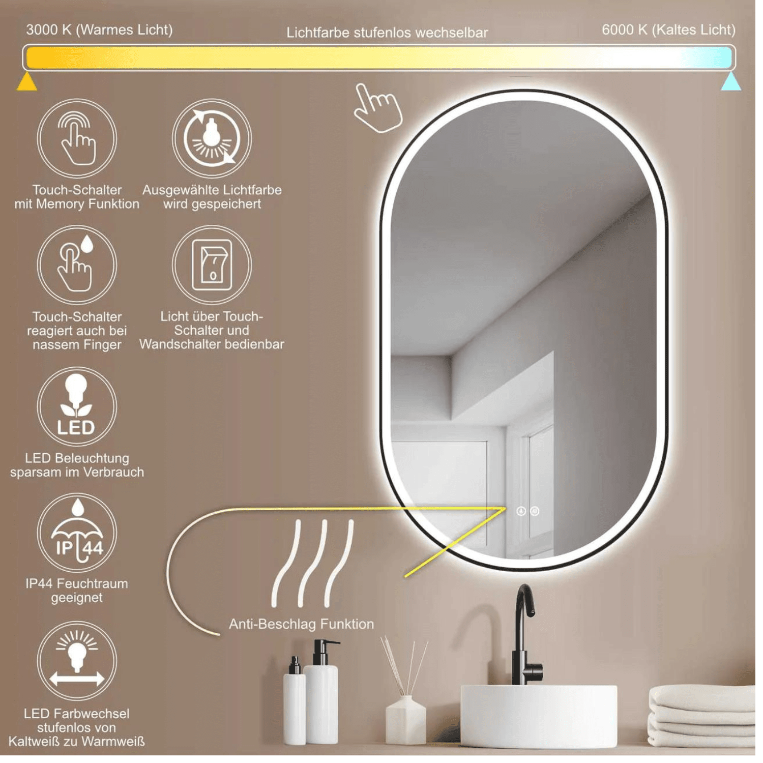 Badkamerspiegel Ovaal Zwart 50 x 90 cm – Anti-Condens & Inbouw Led Horizontaal/Verticaal