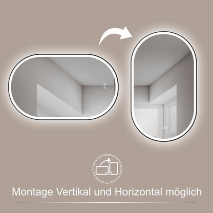 Badkamerspiegel Ovaal Zwart 50 x 90 cm – Anti-Condens & Inbouw Led Horizontaal/Verticaal