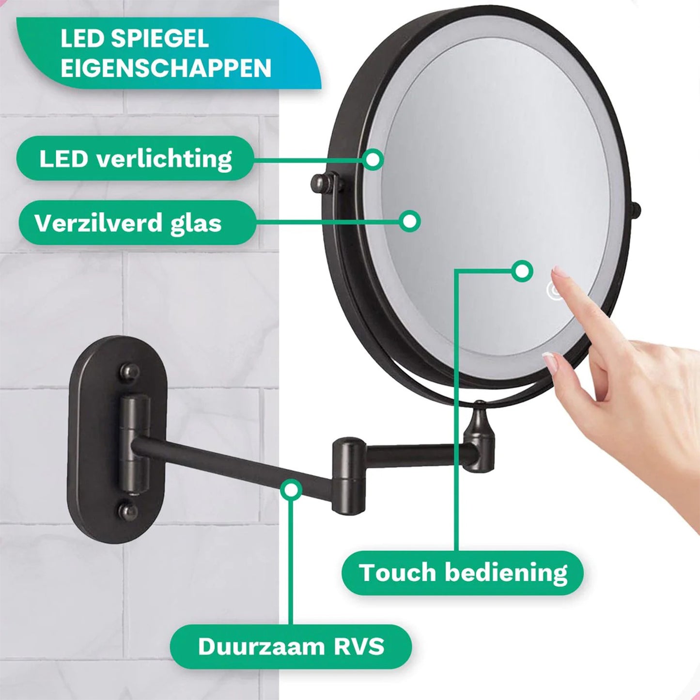 Make-Up Spiegel Wand Led Verlichting - 5x Vergroot - Zwart - Batterijen