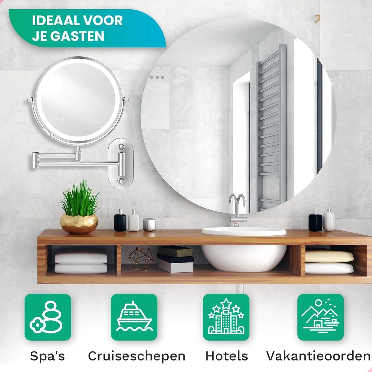 Make-Up Spiegel Wand Led Verlichting - 10x Vergroot - Chroom - Oplaadbaar