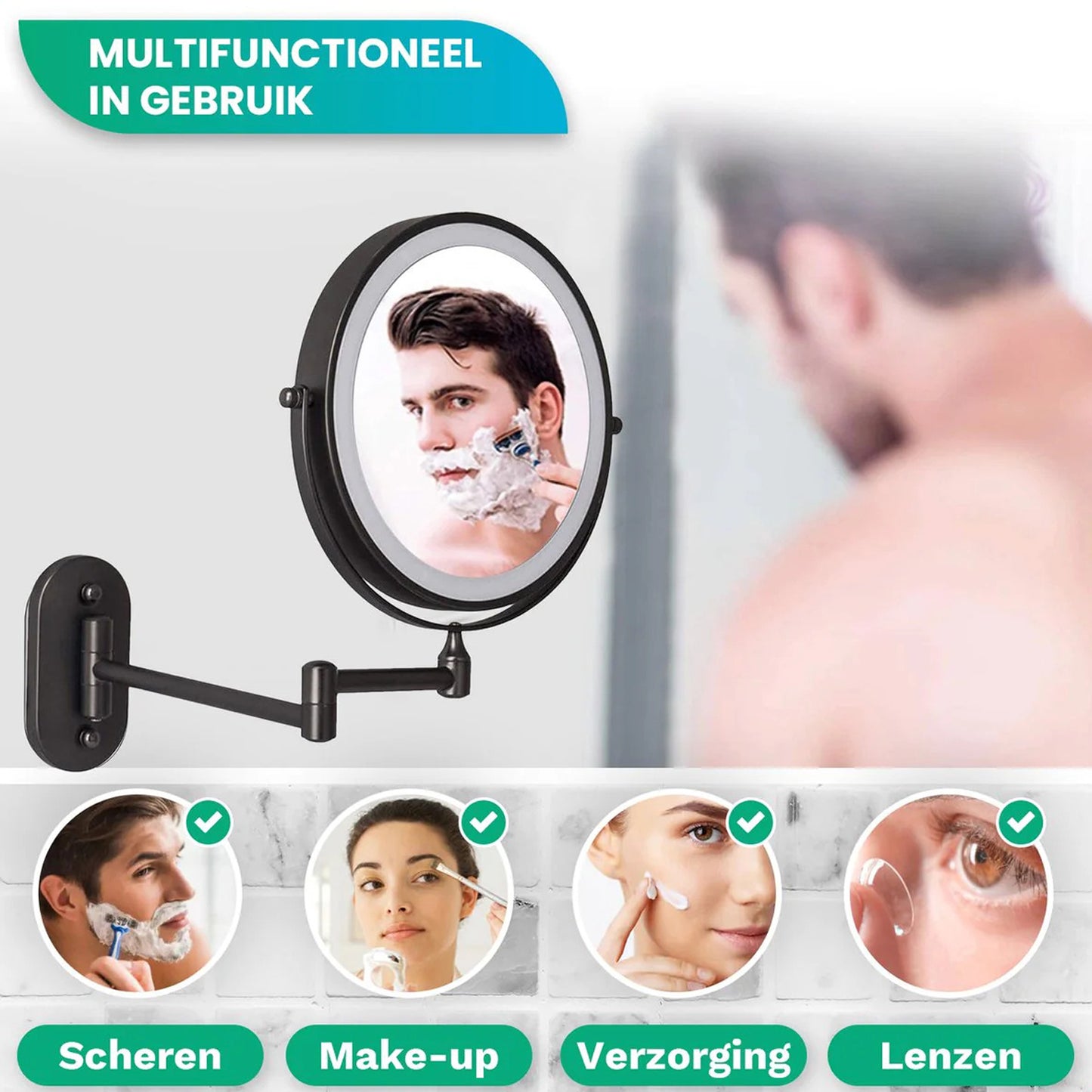 Make-Up Spiegel Wand Led Verlichting - 5x Vergroot - Zwart - Oplaadbaar