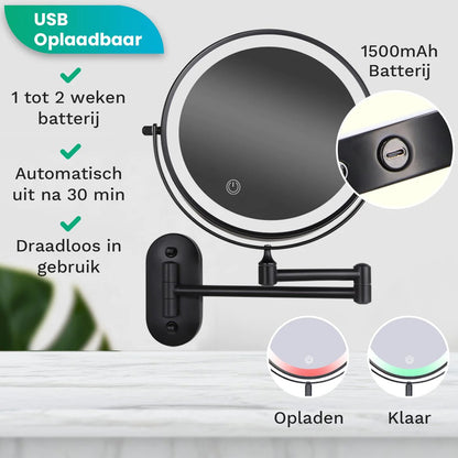 Make-Up Spiegel Wand Led Verlichting - 5x Vergroot - Zwart - Oplaadbaar