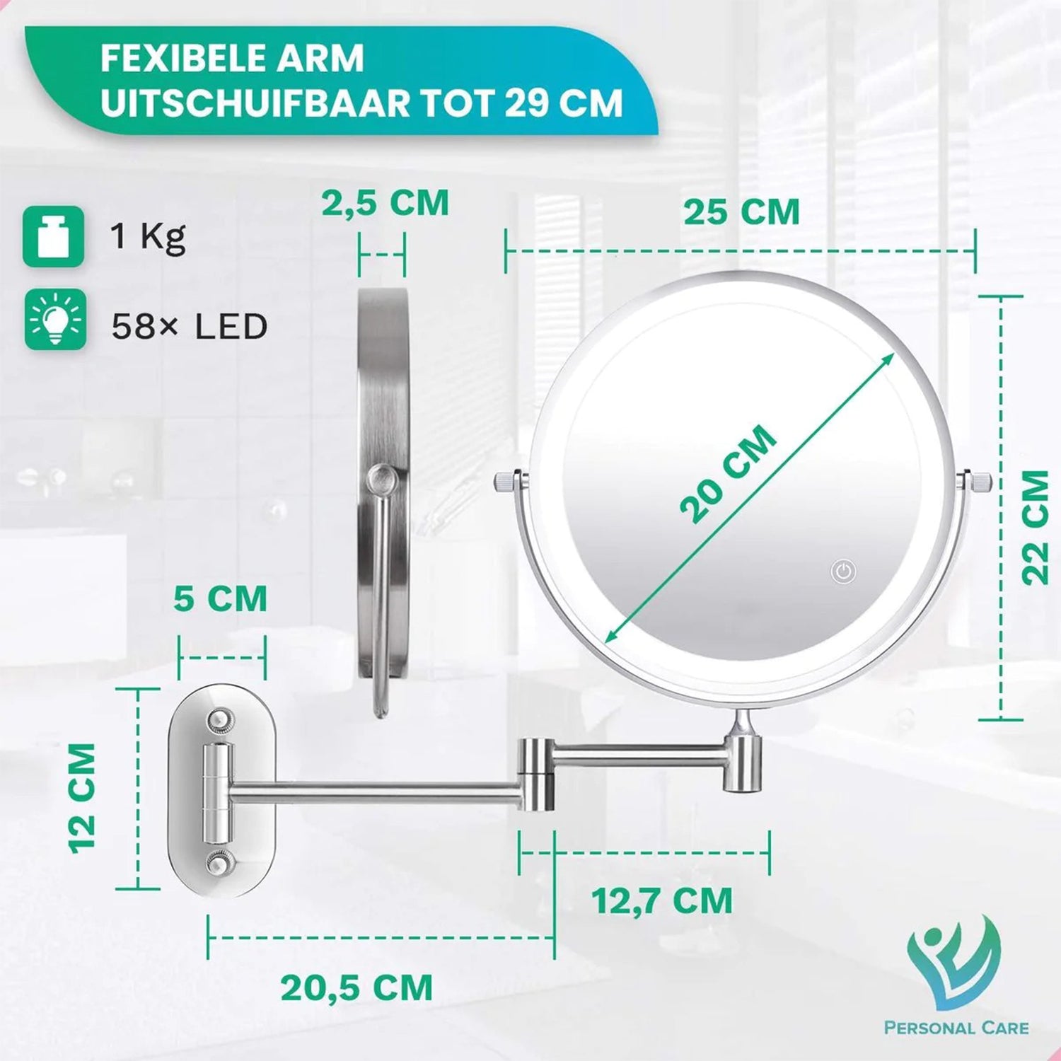 Make-Up Spiegel Wand Led Verlichting - 10x Vergroot - Chroom - Oplaadbaar