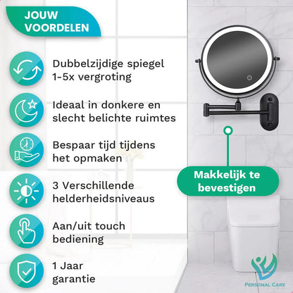 Make-Up Spiegel Wand Led Verlichting - 5x Vergroot - Zwart - Oplaadbaar