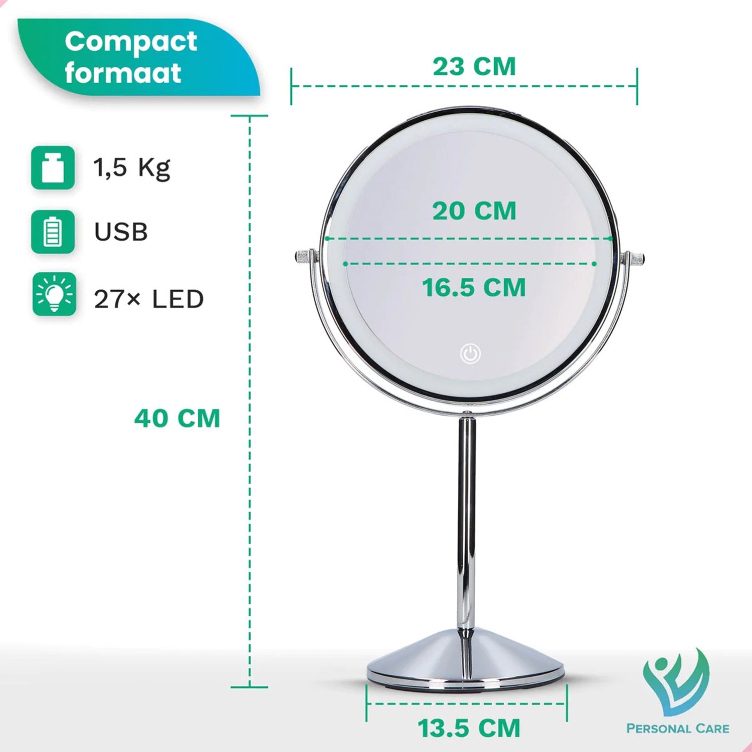 Make-Up Spiegel Staand Led Verlichting - 10x Vergroot - Chroom - Oplaadbaar