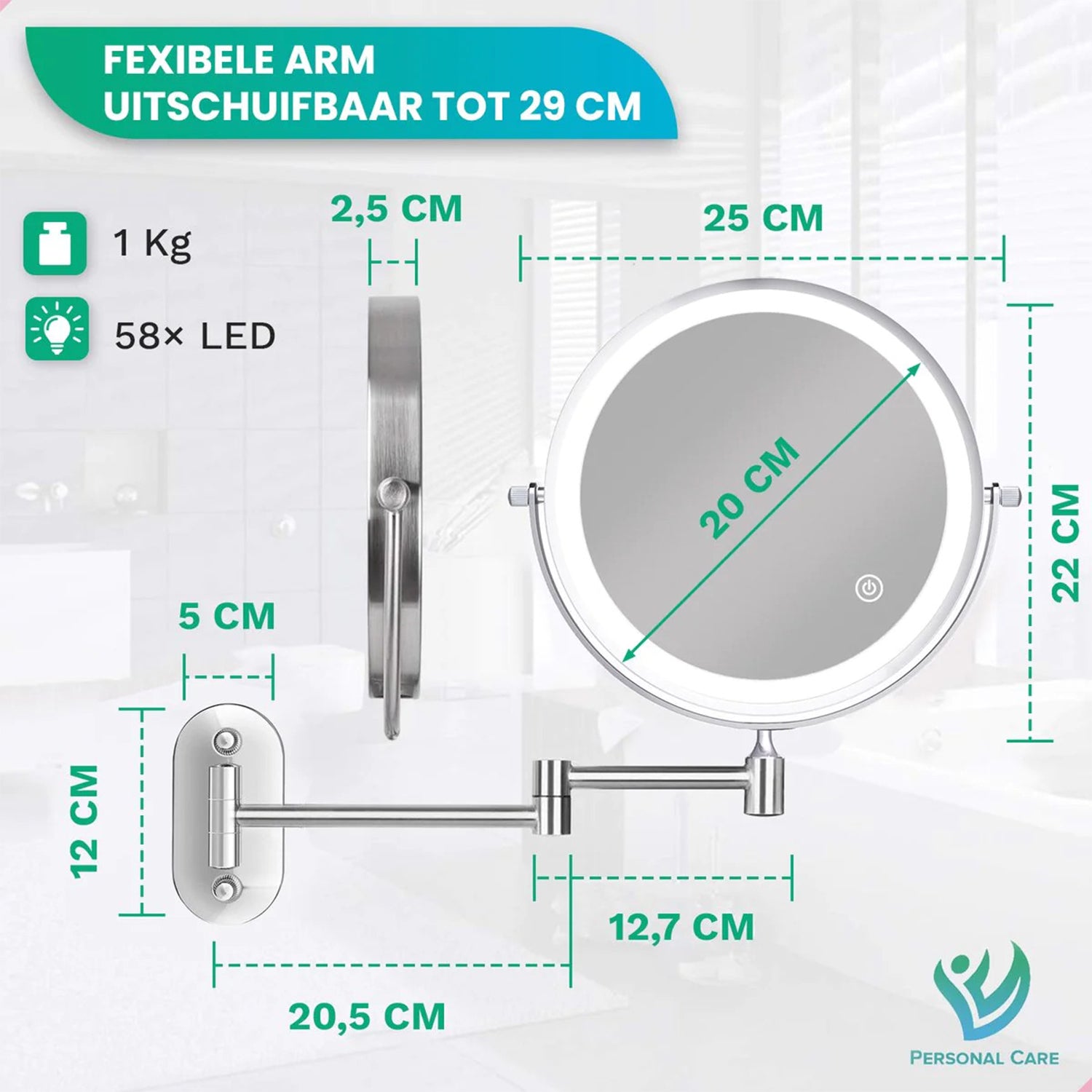 Make-Up Spiegel Wand Led Verlichting - 5x Vergroot - Chroom - Oplaadbaar