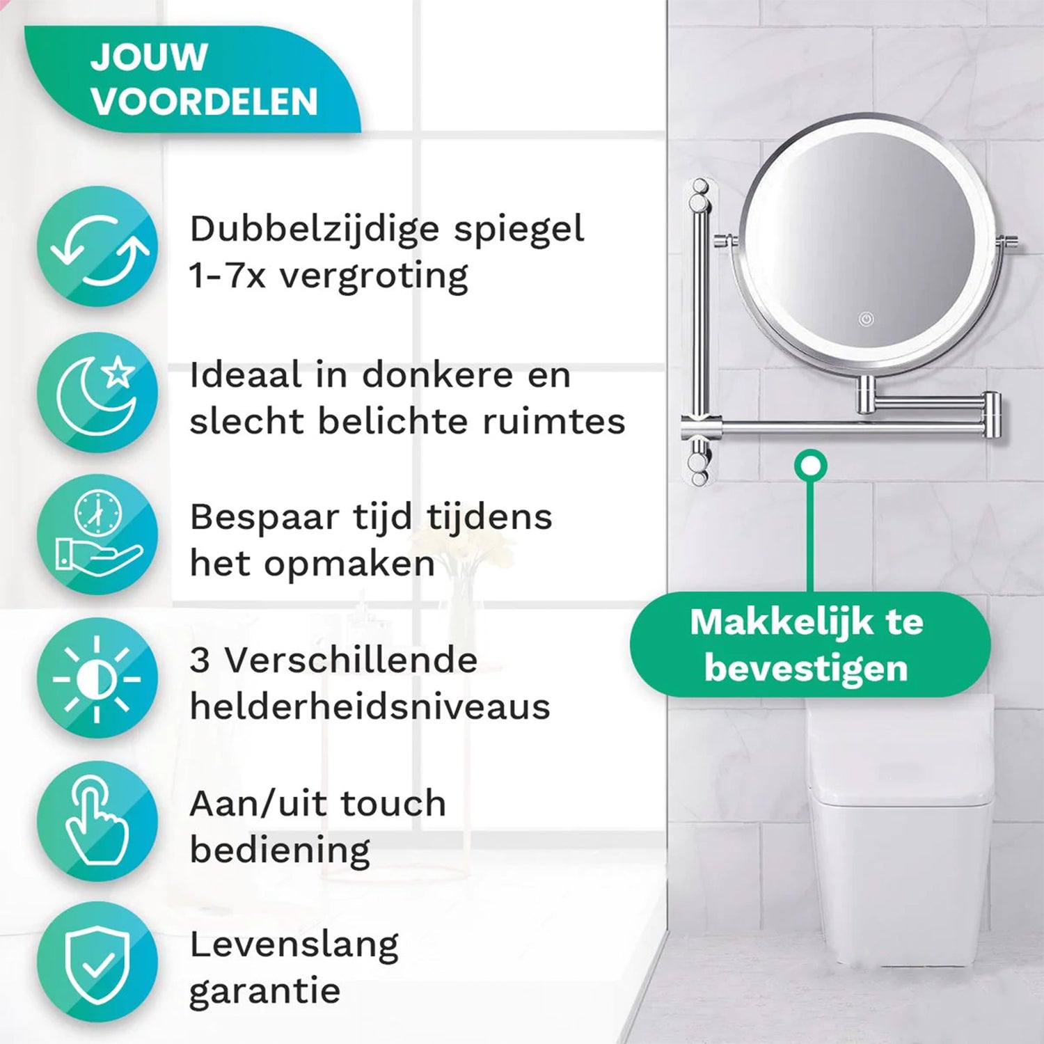 Make-Up Spiegel Wand Led Verlichting - 7x Vergroot - Chroom - Oplaadbaar