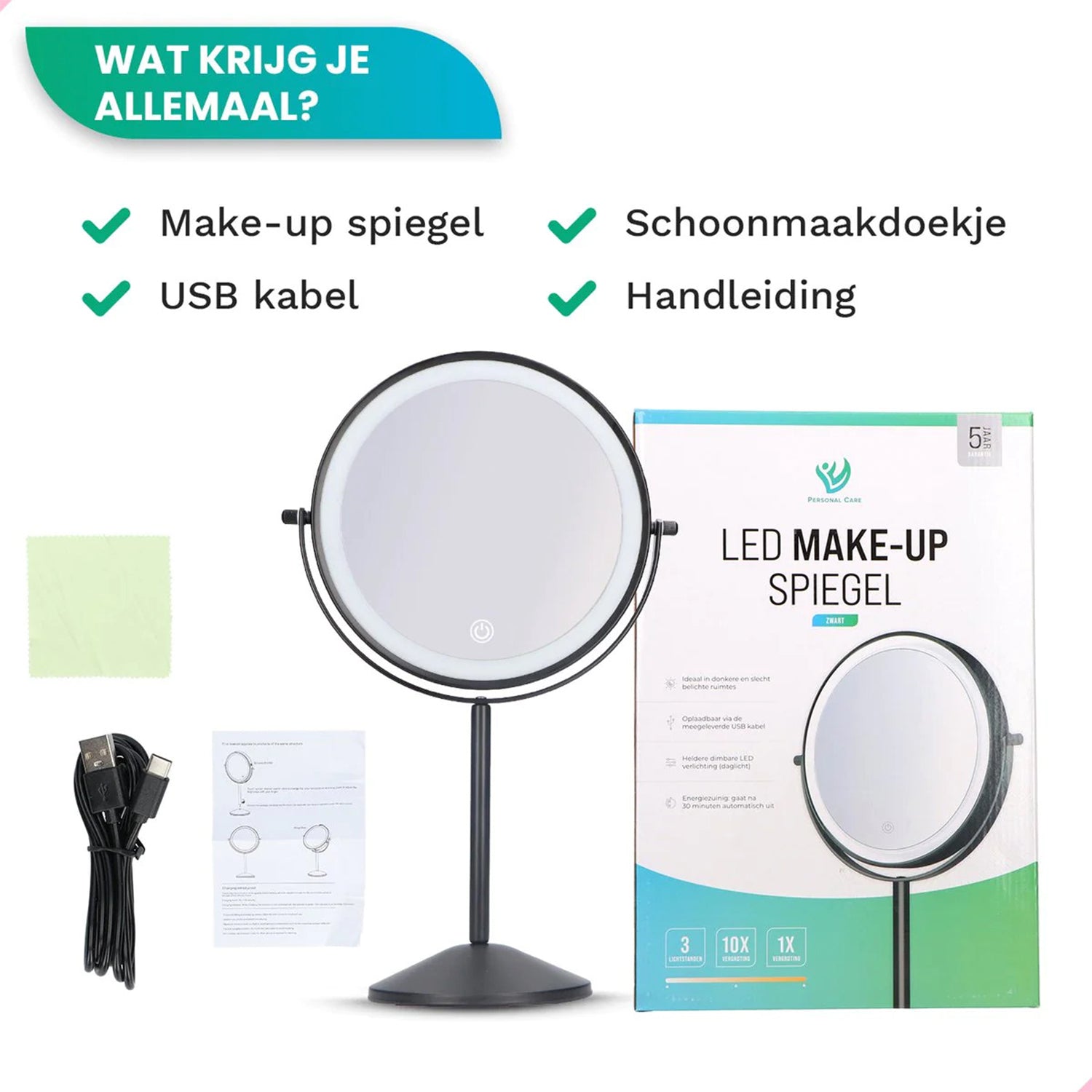 Make-Up Spiegel Staand Led Verlichting - 10x Vergroot - Zwart - Oplaadbaar