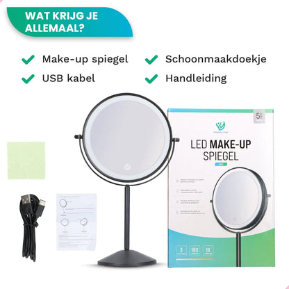 Make-Up Spiegel Staand Led Verlichting - 10x Vergroot - Zwart - Oplaadbaar