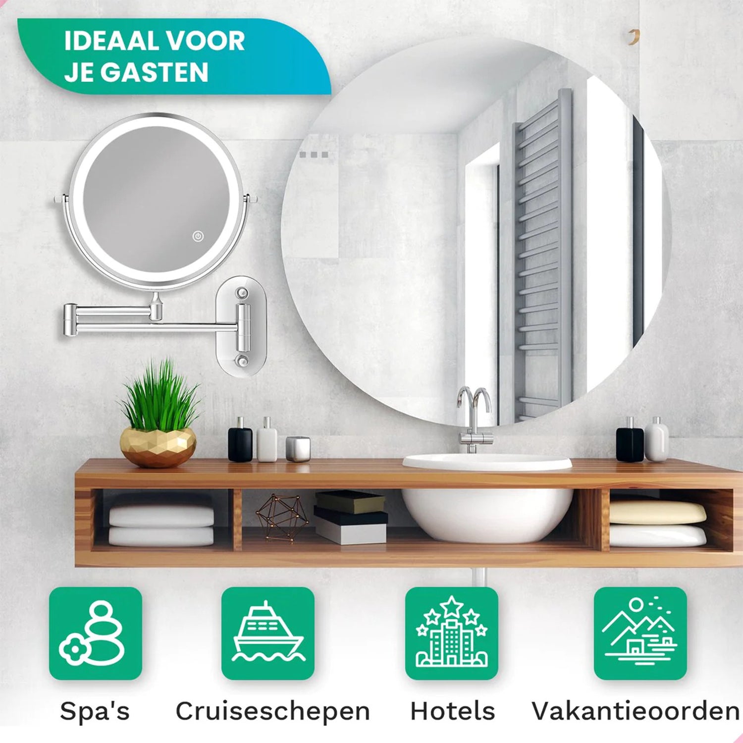 Make-Up Spiegel Wand Led Verlichting - 5x Vergroot - Chroom - Oplaadbaar
