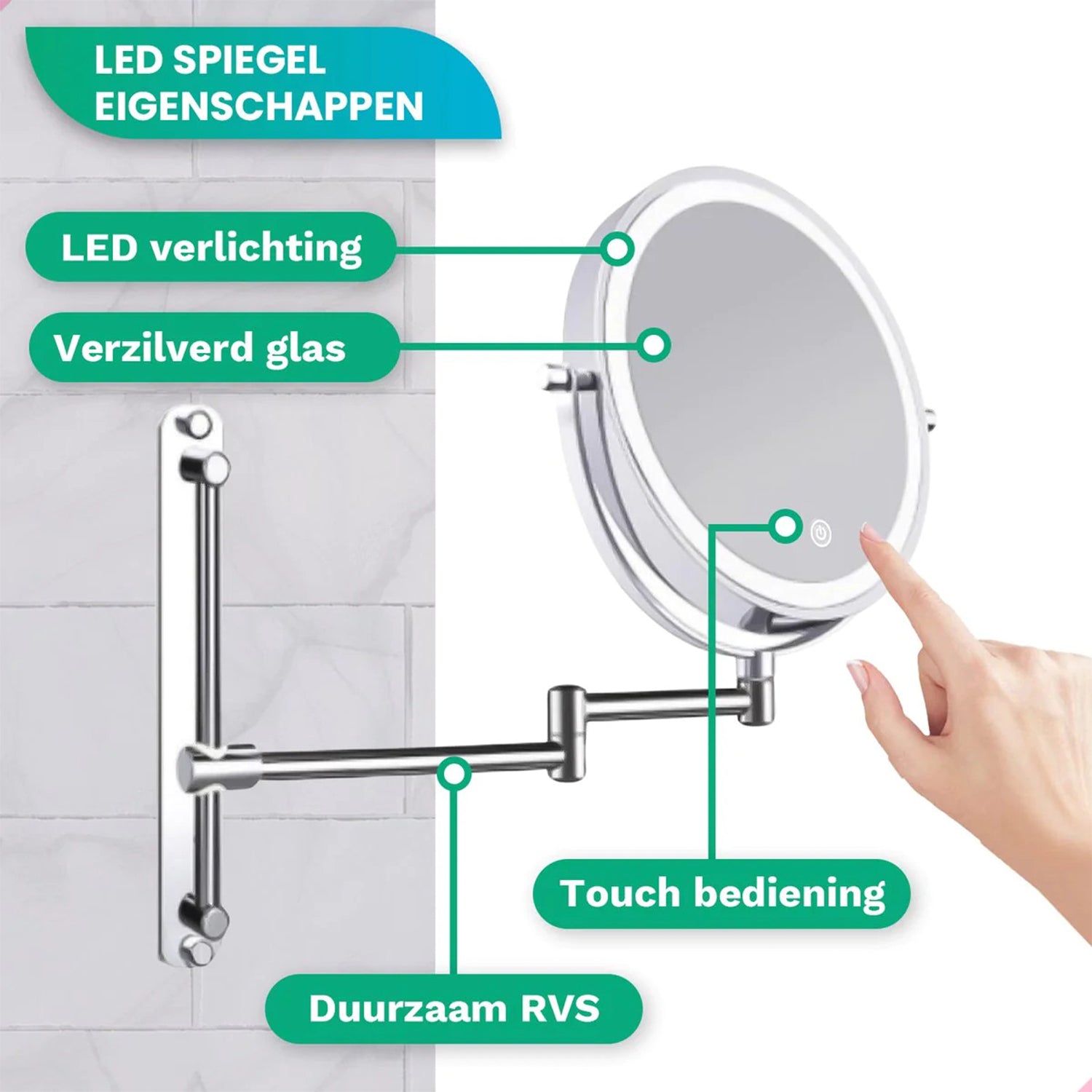 Make-Up Spiegel Wand Led Verlichting - 7x Vergroot - Chroom - Oplaadbaar