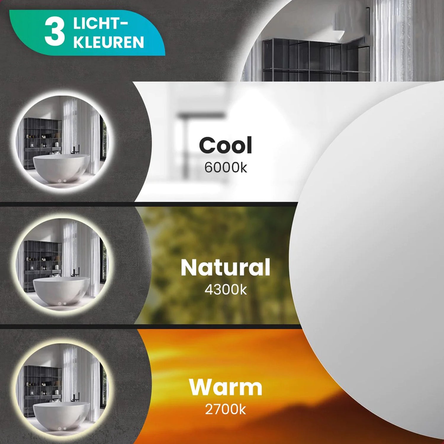 Badkamerspiegel Rond Frameloos 80 cm - Anti-Condens & Dimbaar Led