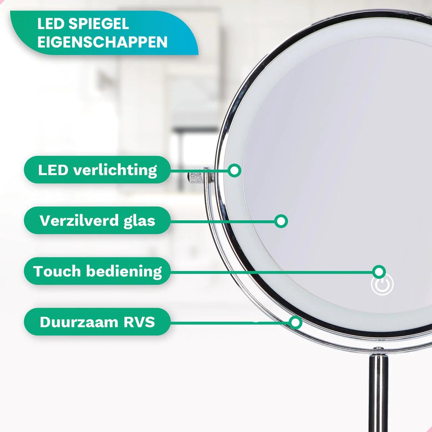 Make-Up Spiegel Staand Led Verlichting - 10x Vergroot - Chroom - Oplaadbaar