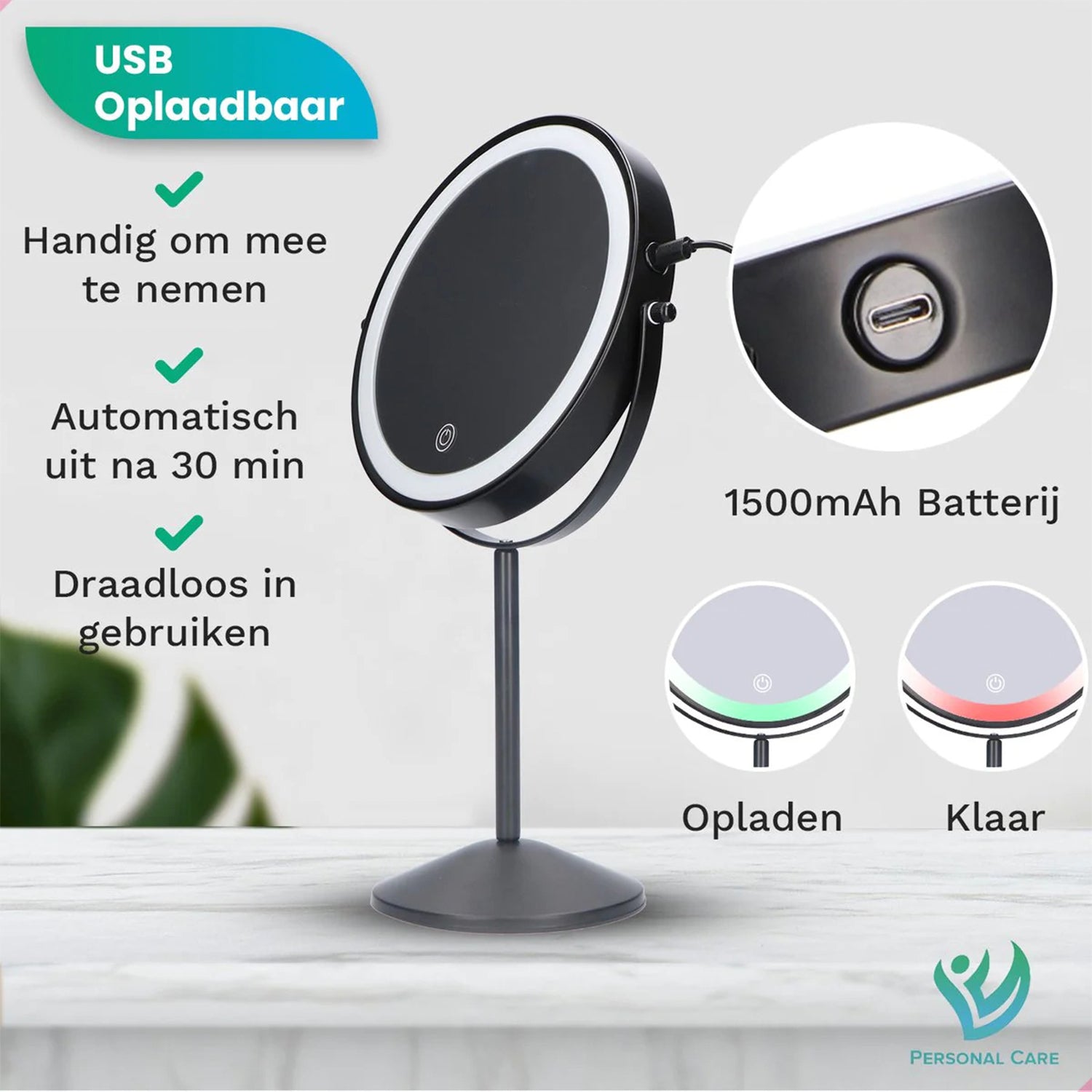 Make-Up Spiegel Staand Led Verlichting - 10x Vergroot - Zwart - Oplaadbaar