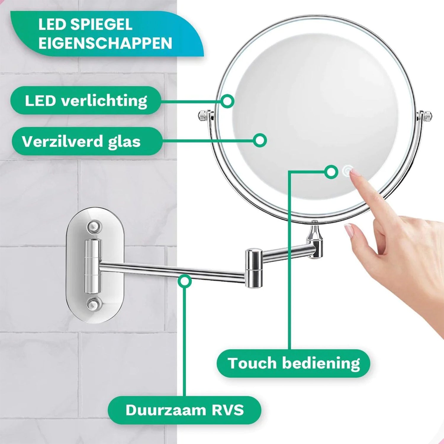 Make-Up Spiegel Wand Led Verlichting - 10x Vergroot - Chroom - Oplaadbaar