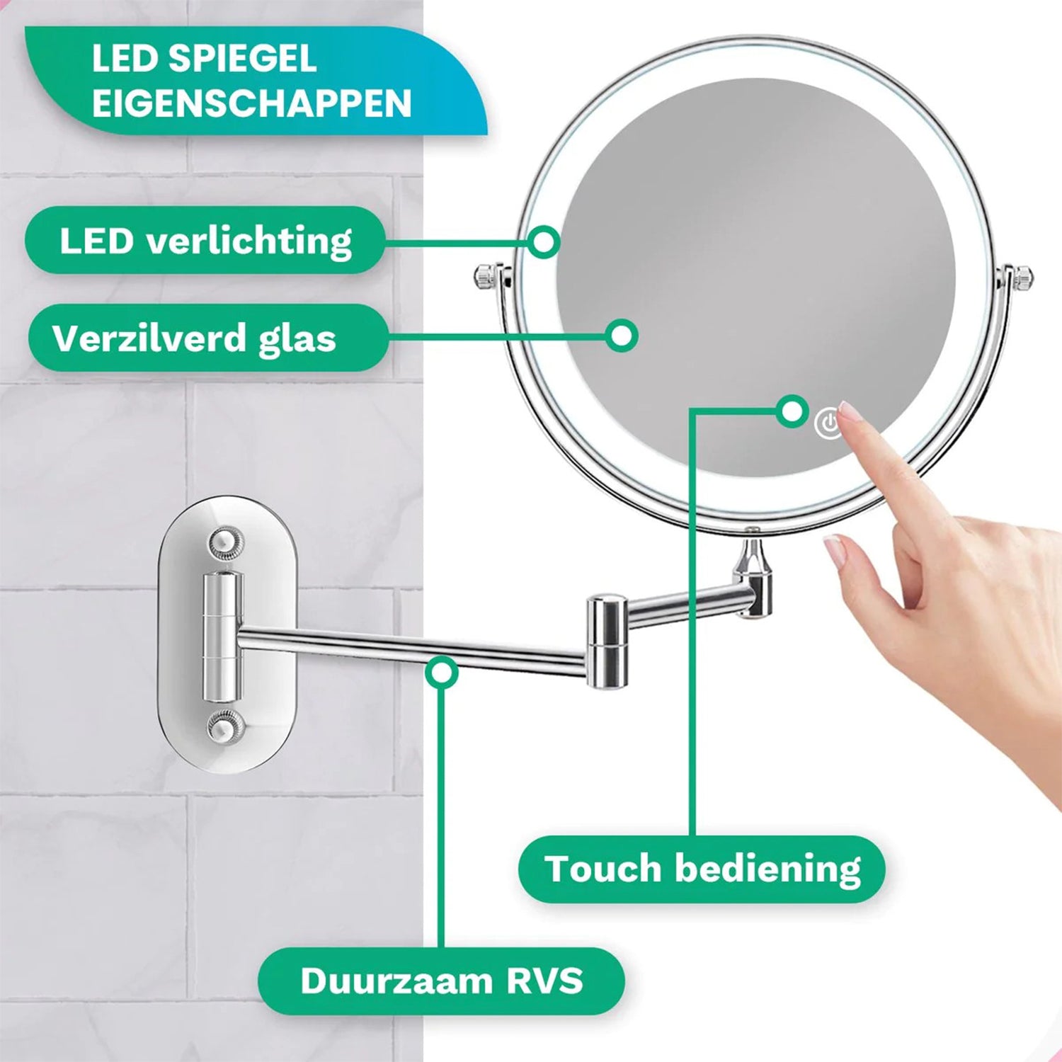 Make-Up Spiegel Wand Led Verlichting - 5x Vergroot - Chroom - Oplaadbaar