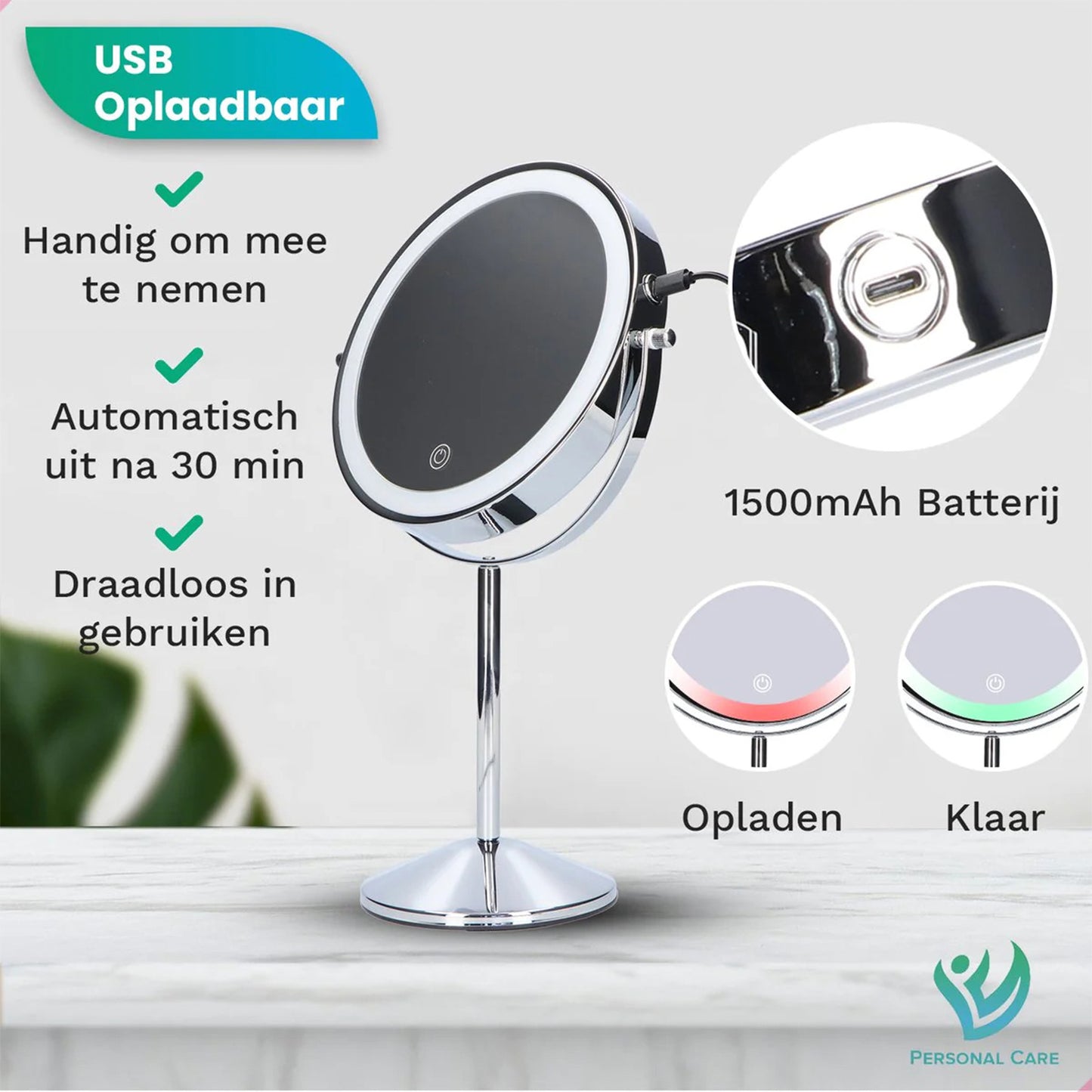 Make-Up Spiegel Staand Led Verlichting - 10x Vergroot - Chroom - Oplaadbaar