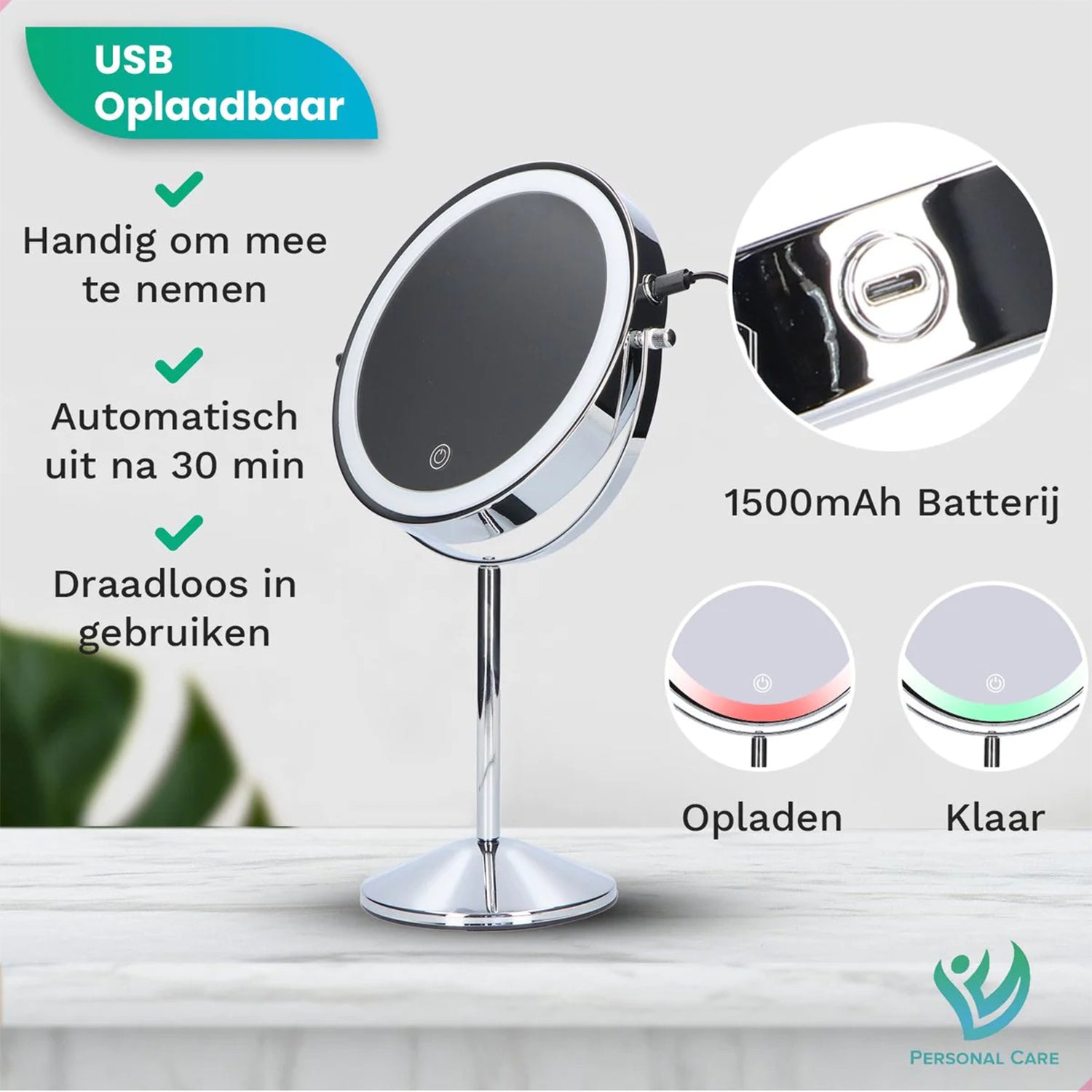 Make-Up Spiegel Staand Led Verlichting - 10x Vergroot - Chroom - Oplaadbaar