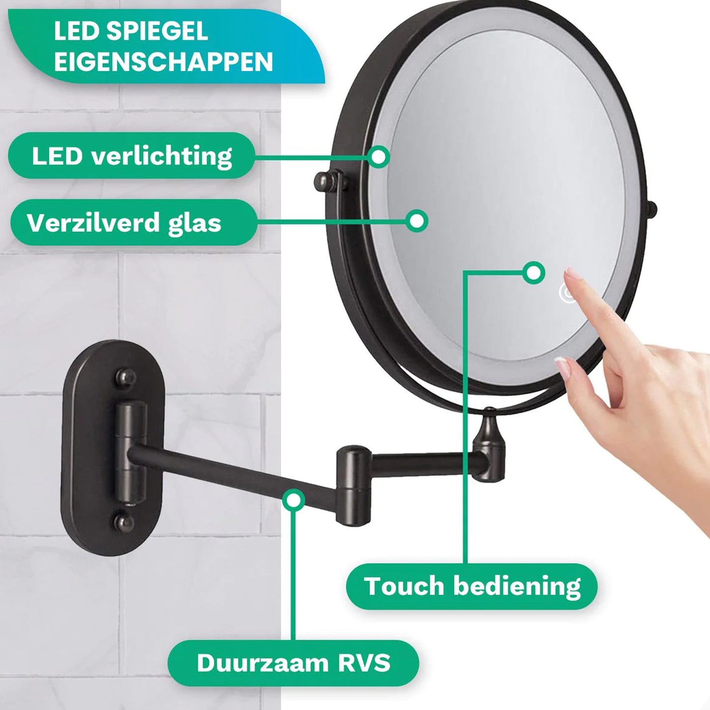 Make-Up Spiegel Wand Led Verlichting - 5x Vergroot - Zwart - Oplaadbaar