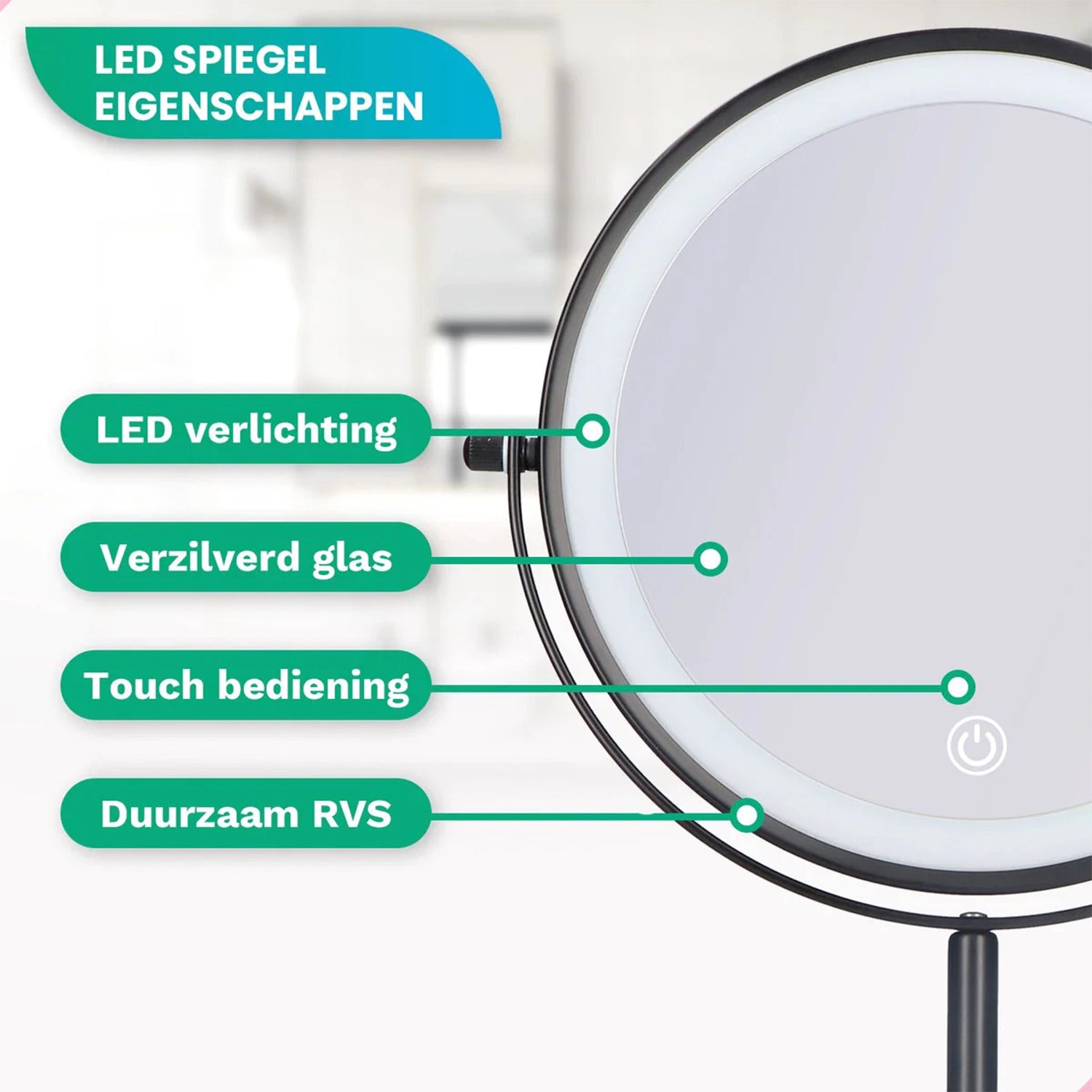 Make-Up Spiegel Staand Led Verlichting - 10x Vergroot - Zwart - Oplaadbaar