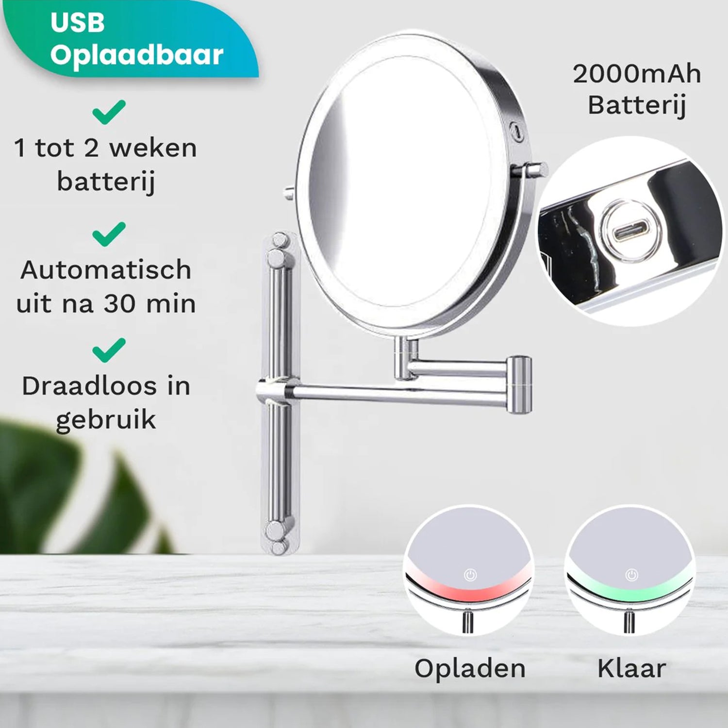 Make-Up Spiegel Wand Led Verlichting - 7x Vergroot - Chroom - Oplaadbaar