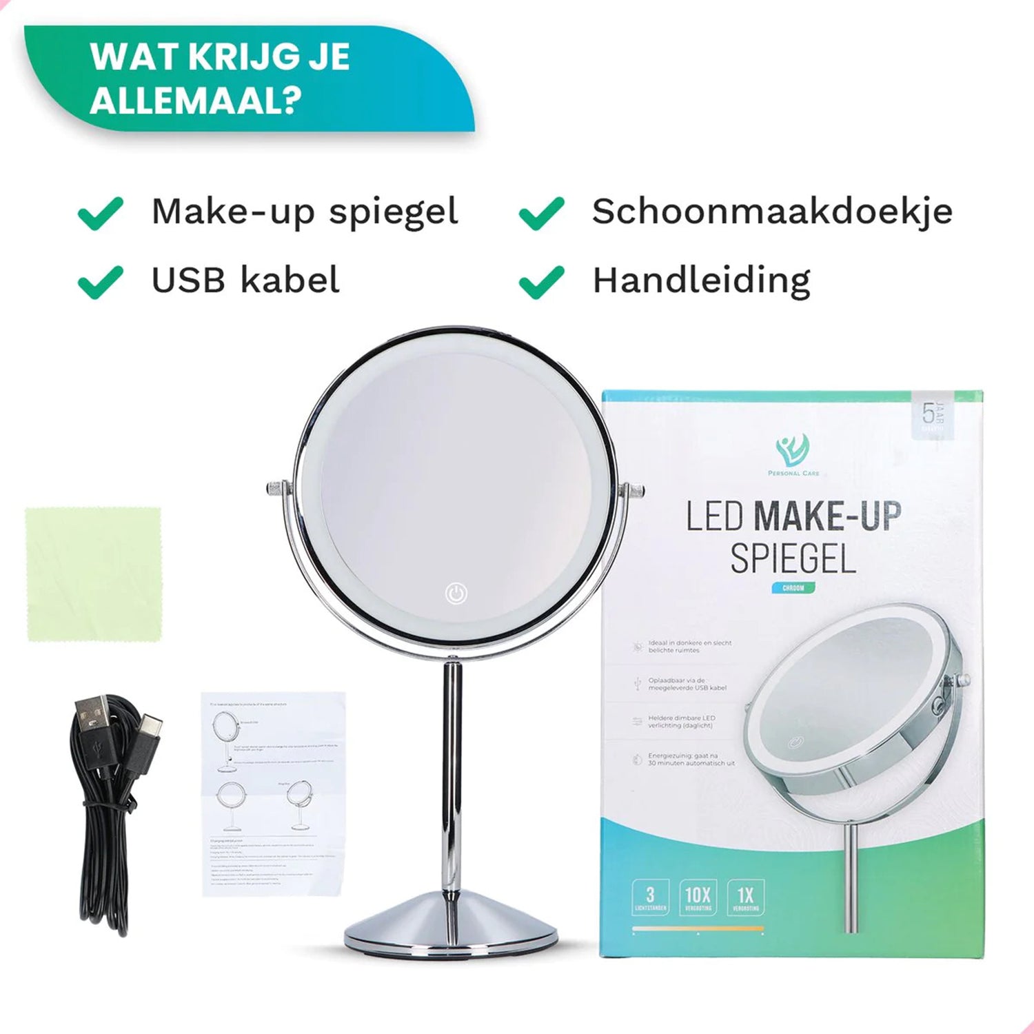 Make-Up Spiegel Staand Led Verlichting - 10x Vergroot - Chroom - Oplaadbaar