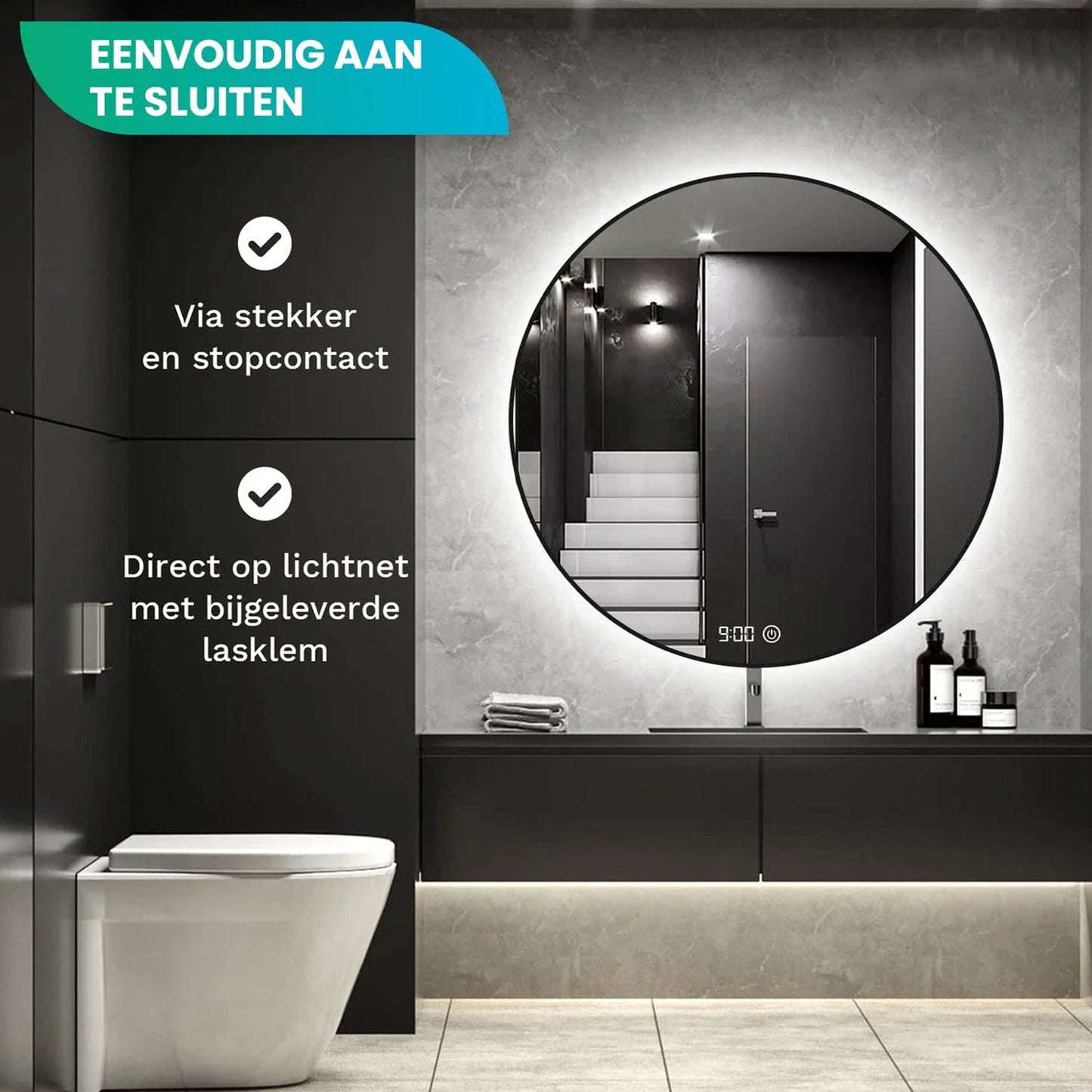 Badkamerspiegel Rond Mat Zwart 80 cm - Anti-Condens & Dimbaar Led