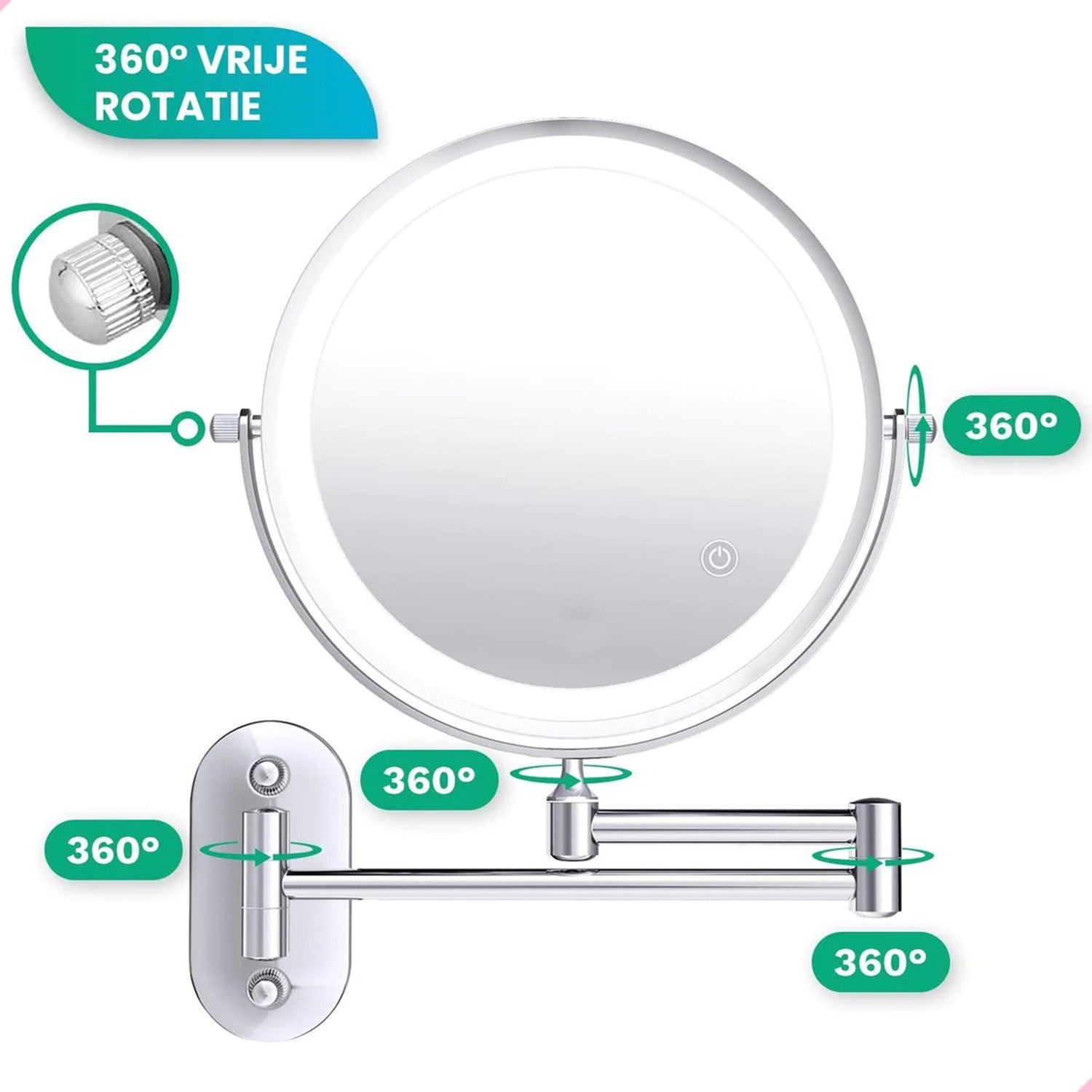Make-Up Spiegel Wand Led Verlichting - 10x Vergroot - Chroom - Oplaadbaar