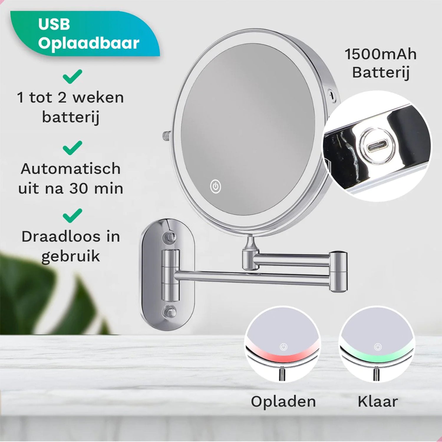 Make-Up Spiegel Wand Led Verlichting - 5x Vergroot - Chroom - Oplaadbaar